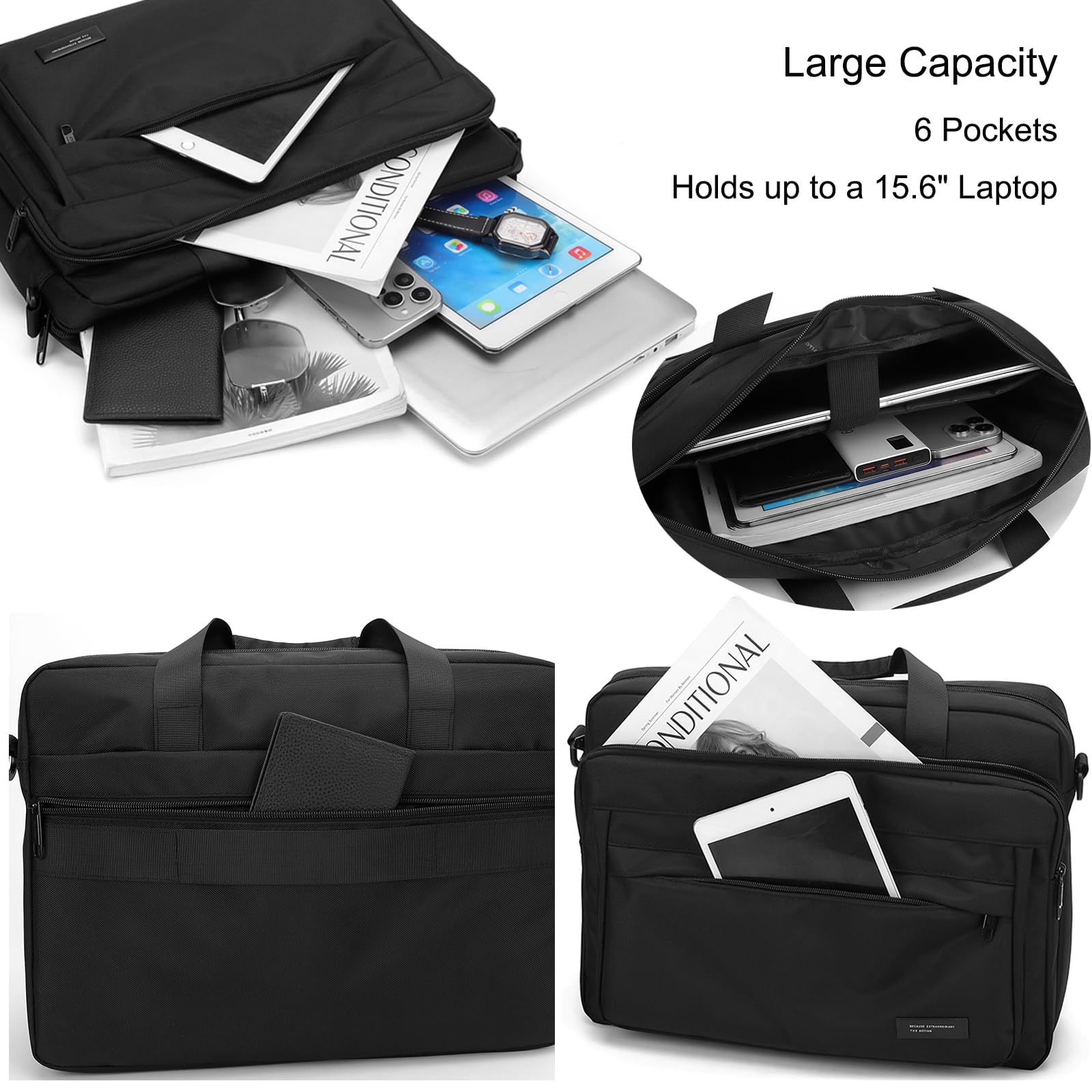 zhongningyifeng Aktówka na laptopa o przekątnej ekranu 15,6", dla mężczyzn i kobiet, nylonowa, wodoszczelna torba listonoszka, torba na ramię do biznesu i podróży, czarna, czarny