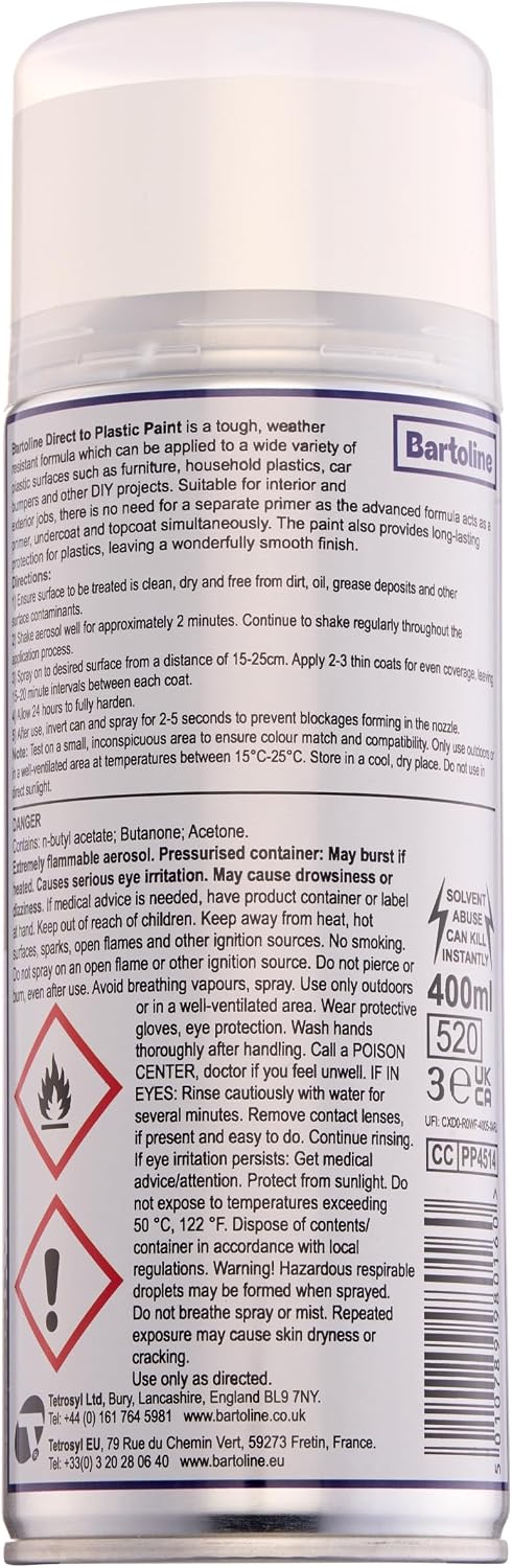 Bartoline Direct-to-Plastic Spray Paint, White, 13.5 oz [3 Pack] - Gloss Finish All-in-One Primer, Undercoat & Topcoat for Plastic for Furniture, Car Bumpers & DIY Projects - 400 ml