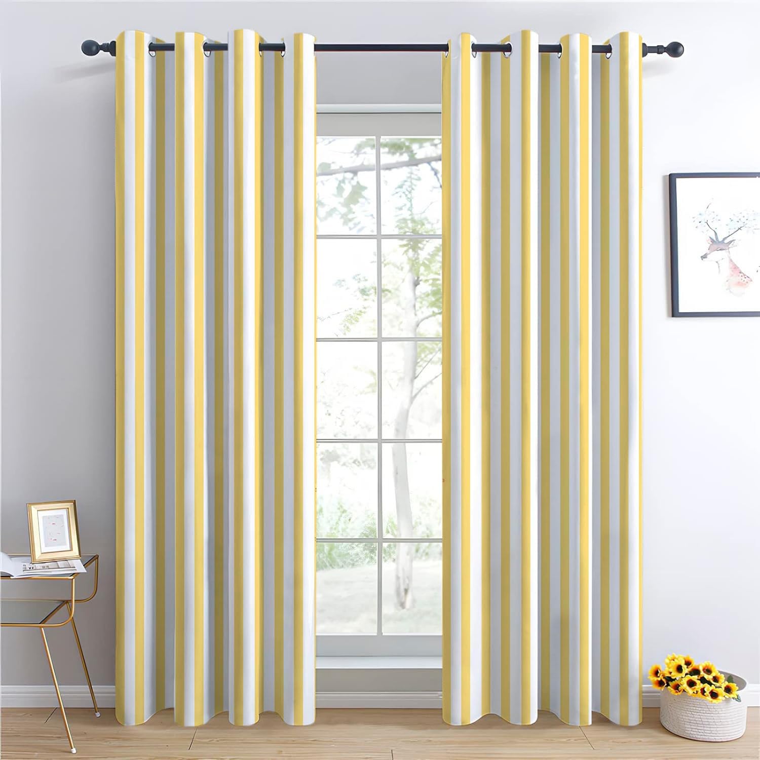 Générique Lot de 2 Rideau Occultant Rayures Jaunes L140 x H180 cm Rideau Thermique Isolant Anti Froid, Rideau Occultant avec Œillets - Rideau Fenetre pour Chambre Salon et Chambre Enfant