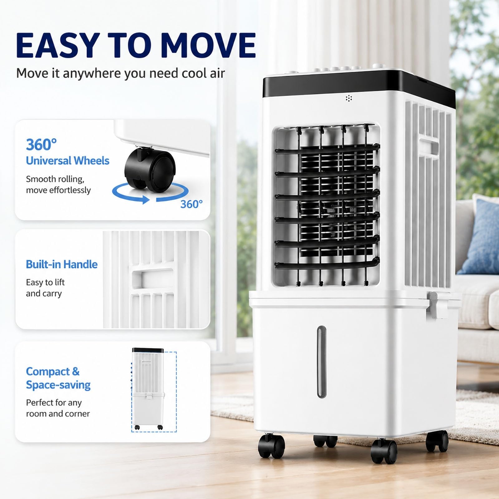Enfriador de Aire Evaporativo 6L, Ventilador Climatizador Portátil con 4 Acumuladores de Frío, 3 Velocidades, Oscilación 120°, Silencioso para Hogar y Oficina
