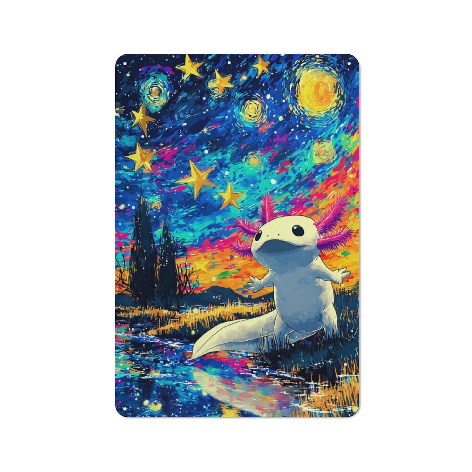 Junmoney Aquatic Axolotl In Starry Night Vintage Metal Gift Sign 30X20cm, Home Wall Decor For Bedroom, Kitchen, Office Or Living Room
