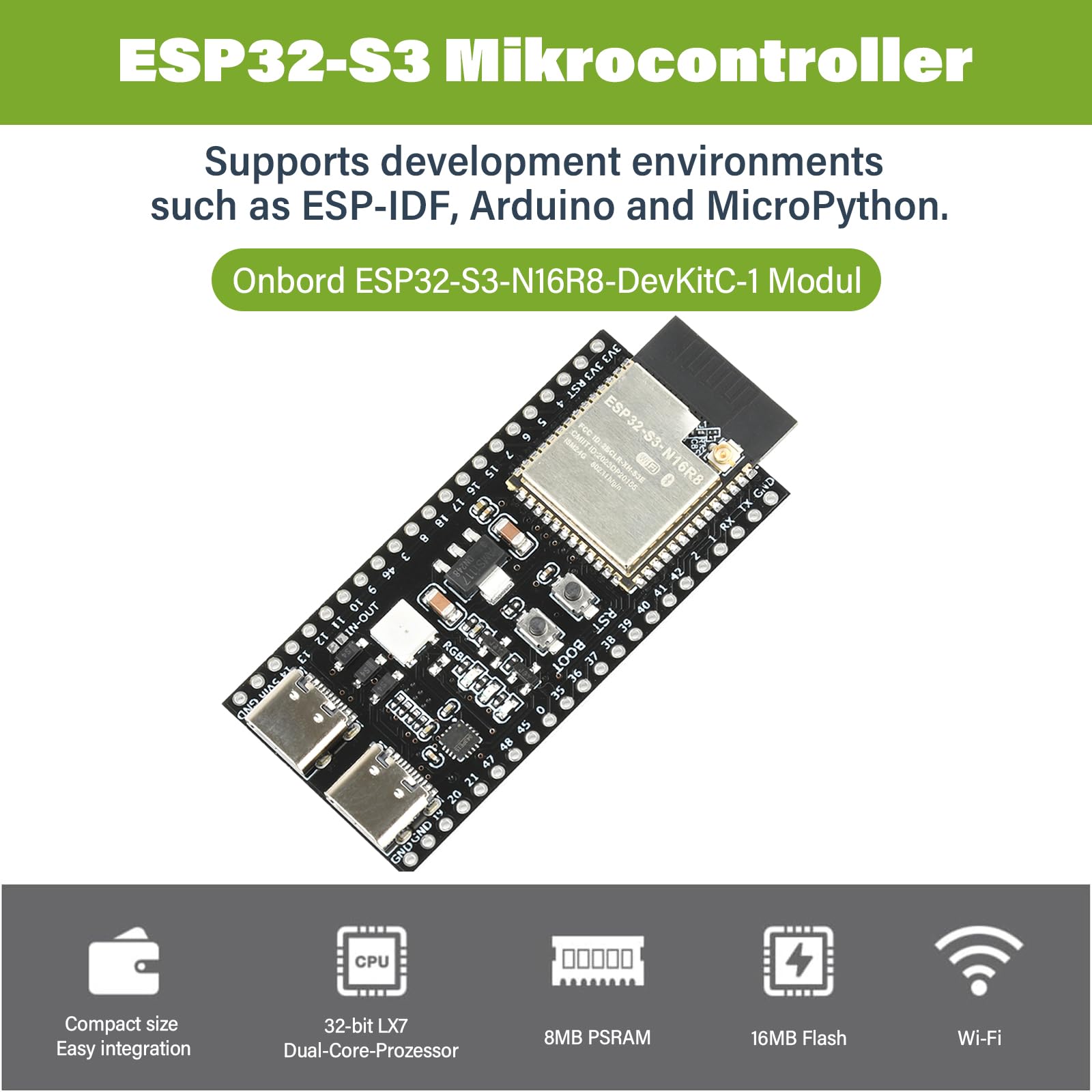diymore 3 szt. do ESP32-S3 DevKitC-1 N16R8 moduł, do ESP32 S3 1-N16R8 deska rozwojowa z WiFi, Bluetooth 5.0, antena USB C