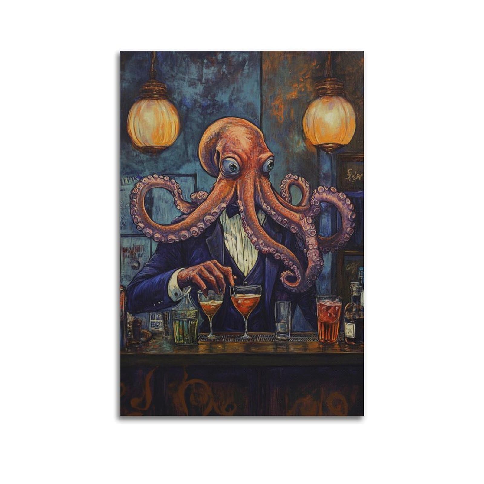ZZBYMX Octopus Bartender - Eight Arms Mixing Cocktails in A Speakeasy with Art Deco Lighting Art Poster Minimalist Canvas Wall Art Abstract Modern Mural Decorative Painting Hanging 12x18inch(30x45cm)