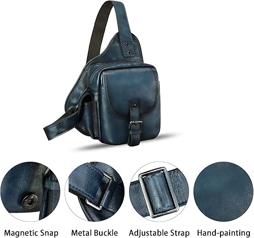 Miniatura 3 de Bolso bandolera de cuero genuino para hombres y mujeres, bolso cruzado, mochila vintage para senderismo, deportes, viajes, Azul, Mochilas Sling