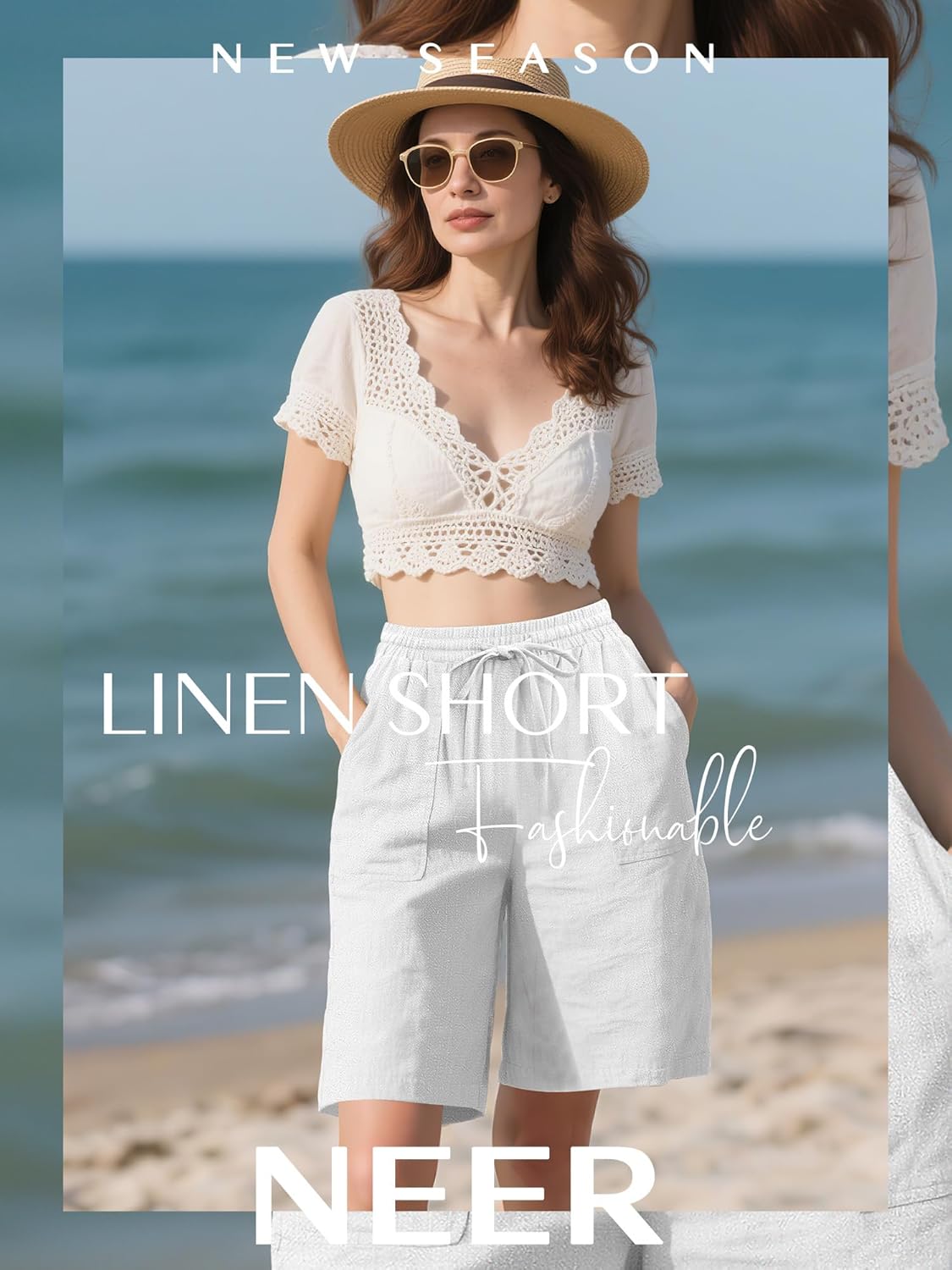 Neer 2 Pack Women's Linen Bermuda Shorts High Waisted Drawstring Wide Leg Casual Beach Knee Length Shorts with Pockets - Image 4