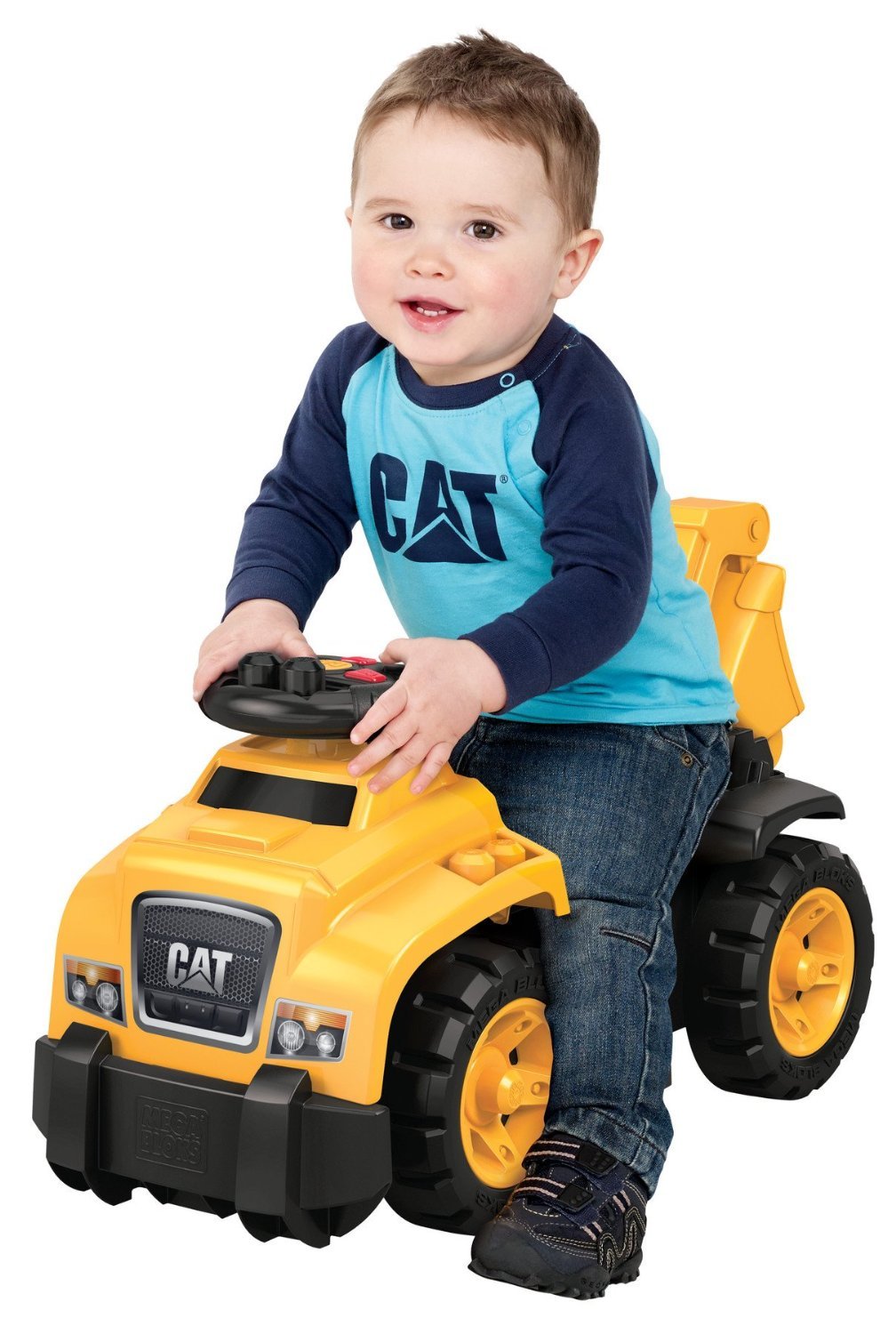 MEGA DCH13 - Mega Bloks CAT 3-in-1 Aufsitzfahrzeug, 10 großen Bauklötzen, drehbarer Baggerarm, Aufbewahrungsfach & realistischen Fahrzeuggeräuschen, Konstruktionsspielzeug für Kleinkinder ab 1 Jahr