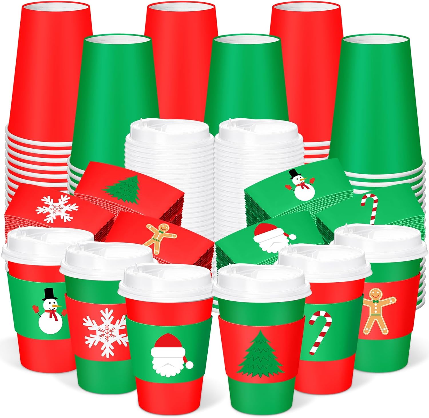 120 Pack Christmas Coffee Cups with Lids and Sleeves, 12 oz Red and Green Paper Disposable Cups, Festive Designs Snowman Snowflakes Santa Christmas Tree Gingerbread Candy Cane for Xmas Party Favors