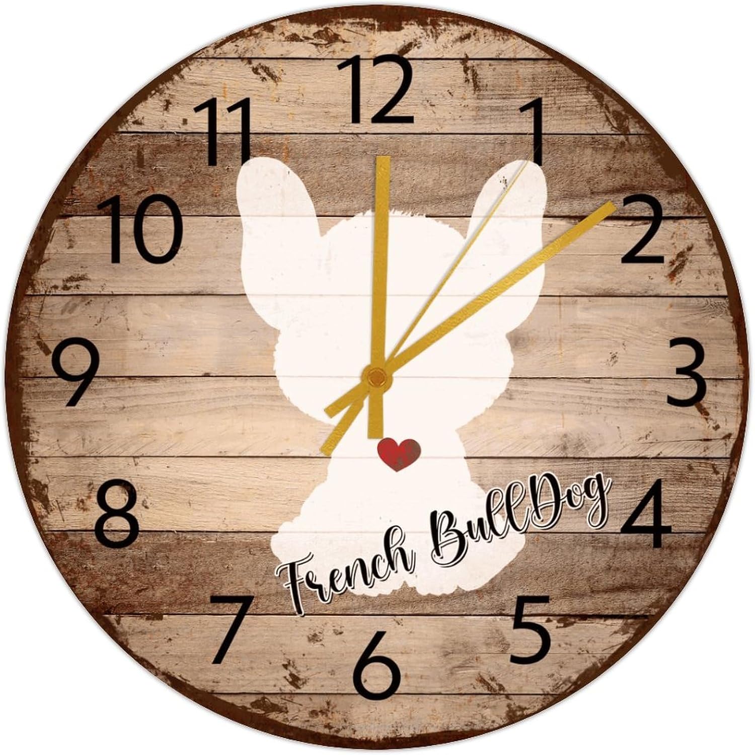 15 Inch Silent Non-Ticking Wall Clocks Battery Operated French Bulldog Home Decoration for Bedroom Pet Beagle Silhouette Frameless Round Wooden Wall Clock Rustic for Pool Nursery