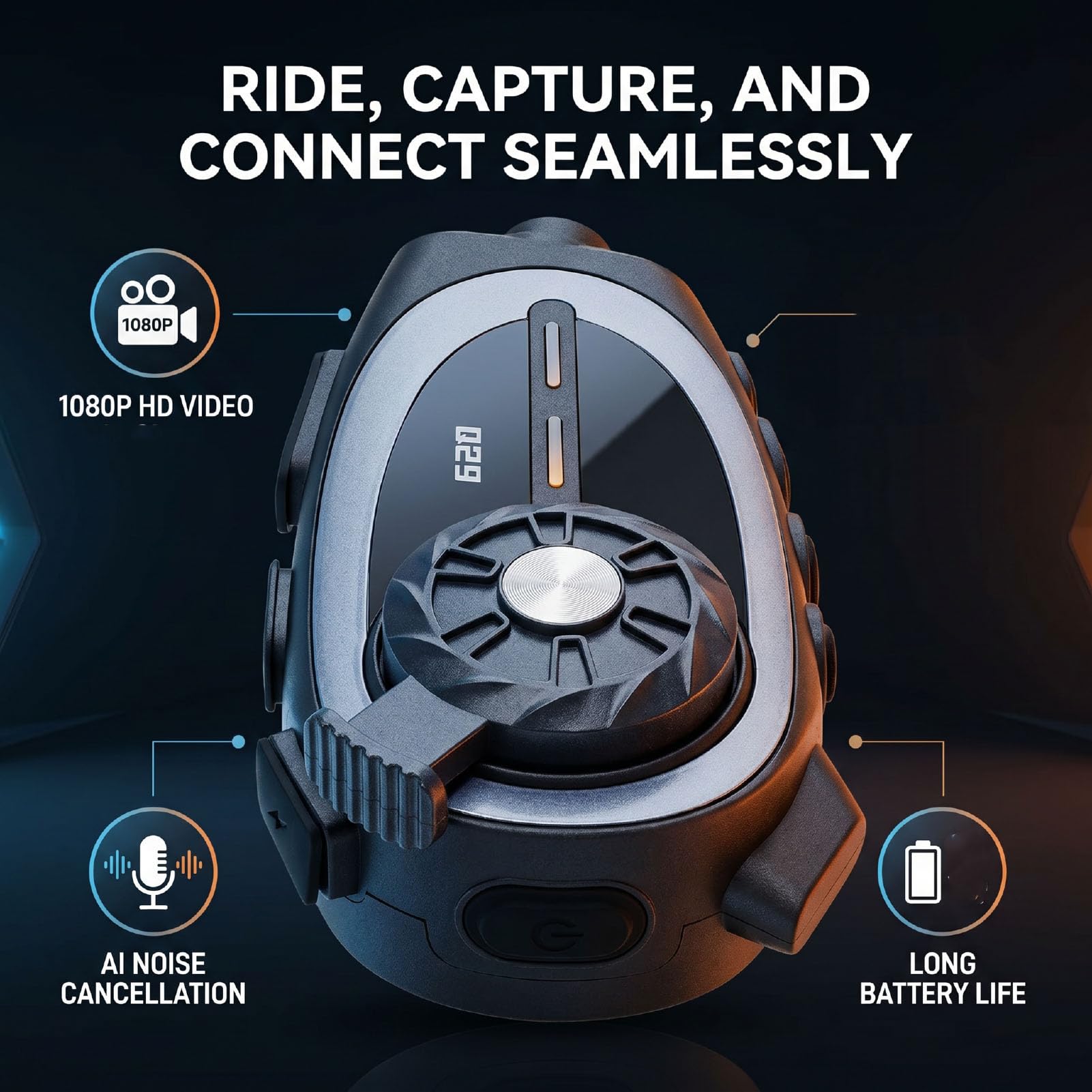 Auricolare per Casco Moto Bluetooth, Fotocamera 1080P con Cancellazione del Rumore IPX6 Impermeabile con Altoparlanti Microfono per Casco Moto