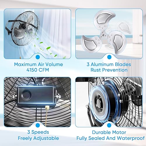 Vista 3 de KEN BROWN Ventilador industrial de montaje en pared de 18 pulgadas, ventilador de metal resistente de 4300 CFM, ventiladores oscilantes de alta