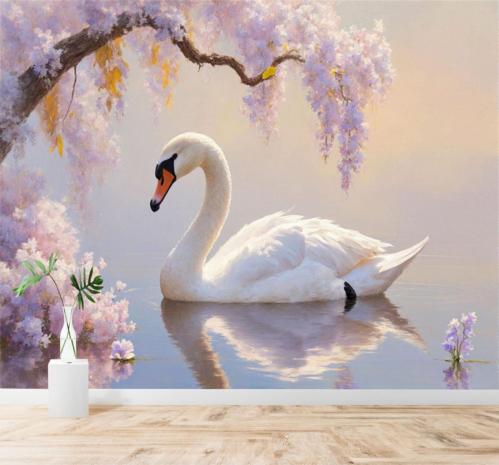 XLMING Lake Swans Pink Flowers Willow Branches Landscape 3D Wallpaper Silky Texture Home Study Office Grey Dining Room Sofa Bedroom Living Room TV Backdrop-250cm×170cm