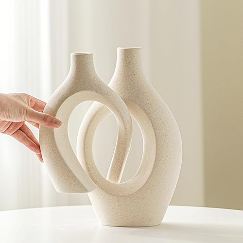 Miniatura 4 de Snuggle Hollow - Juego de 2 jarrones de cerámica huecos, estilo bohemio ins redondo nórdico moderno de mediados de siglo estético decorativo