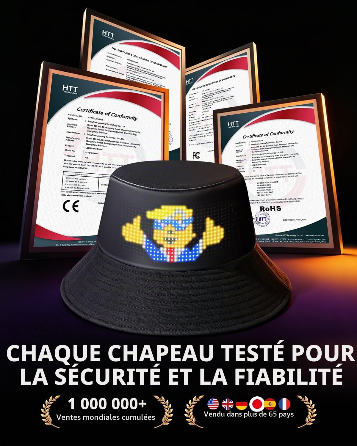 Chapeau de pêcheur LED programmable - Contrôle par application Bluetooth - Avec affichage pour vos propres textes - Pour festival, fête, course à pied, rechargeable par USB