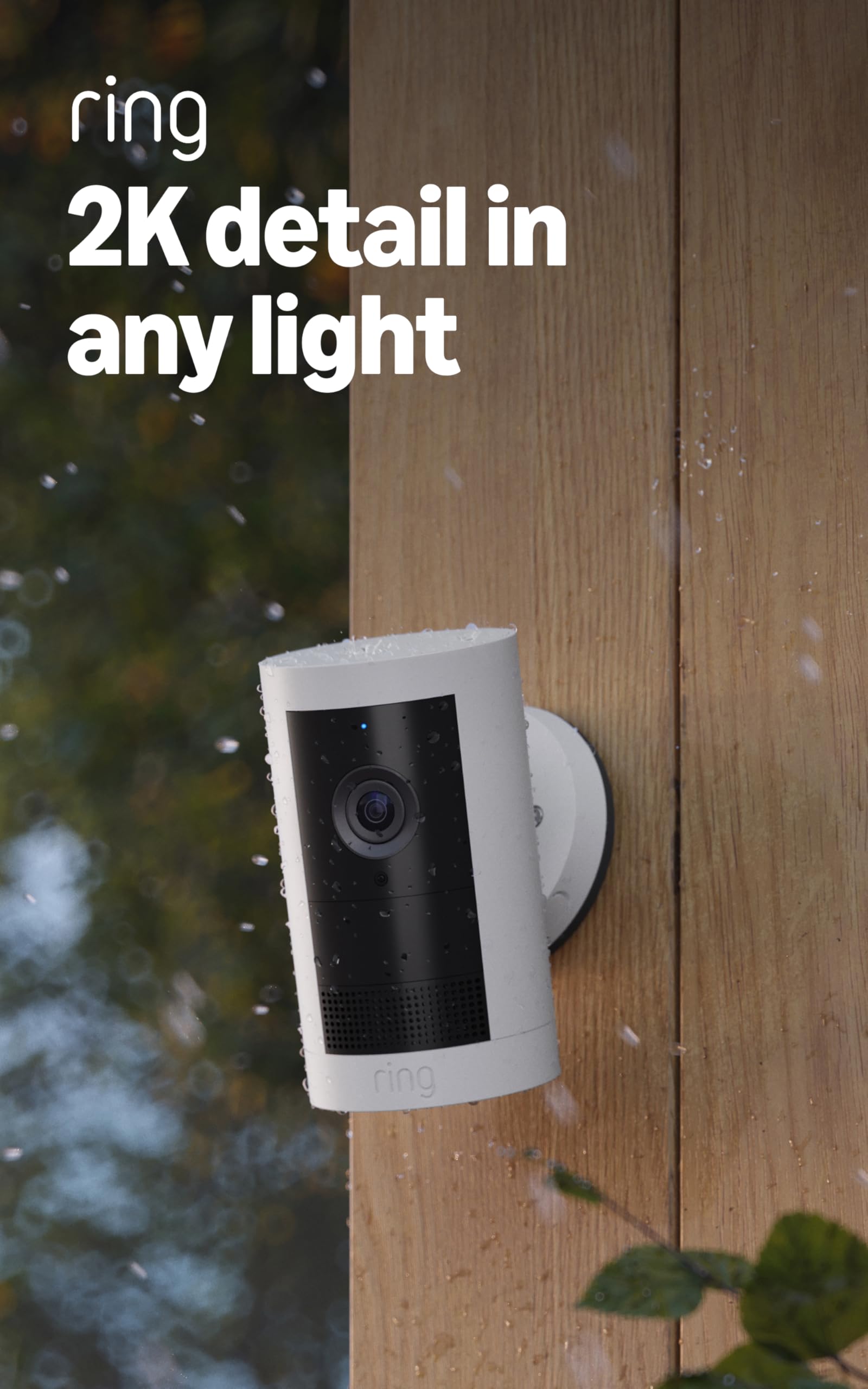 The Ring Outdoor Cam Plus features a compact, weather-resistant design suitable for various mounting locations.