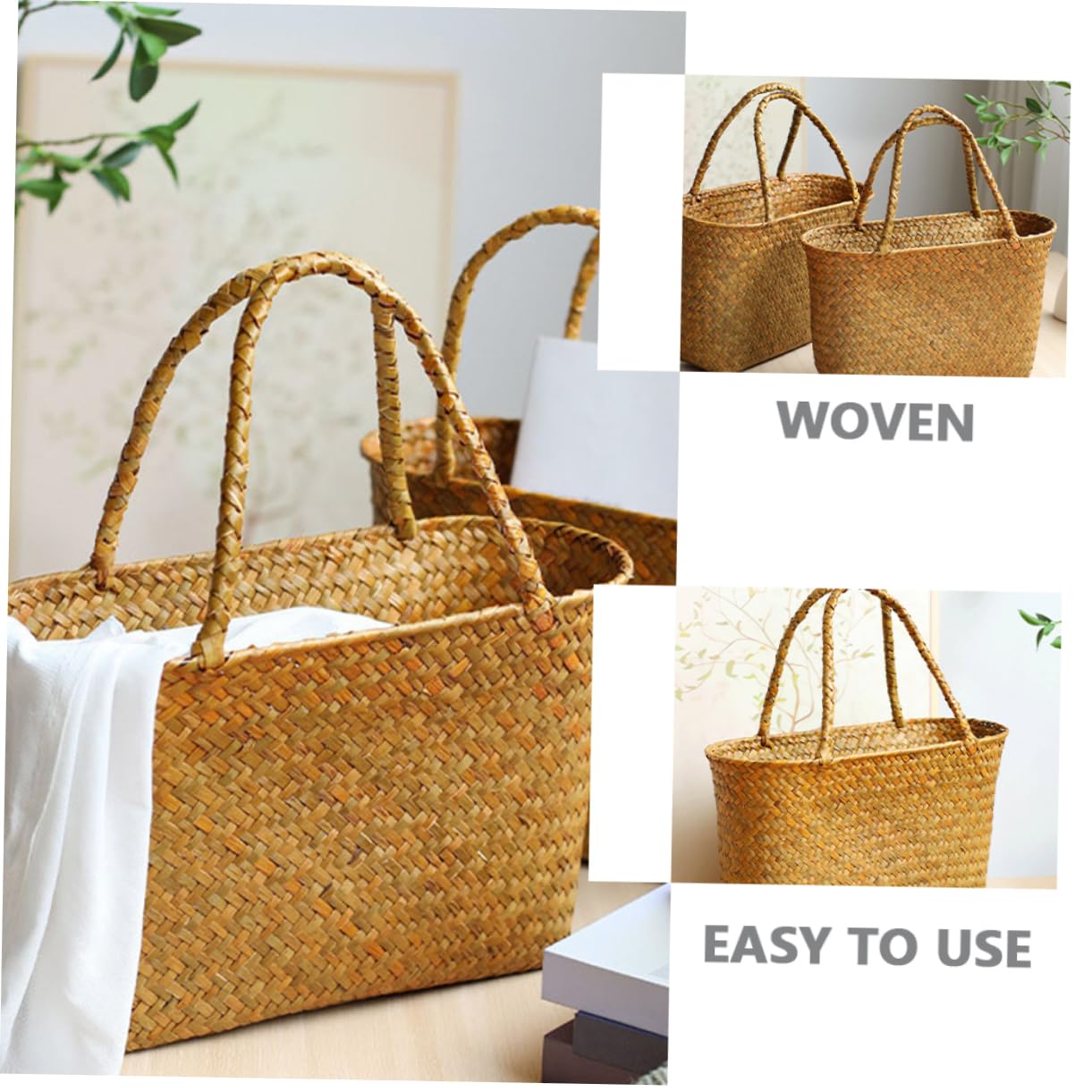 Hohopeti Cesta Pequeña con Asa de Paja Natural para Almacenamiento y Decoración, Diseño Delicado, Ligera, Adecuada para IR la Playa o Decorar Tu Salón
