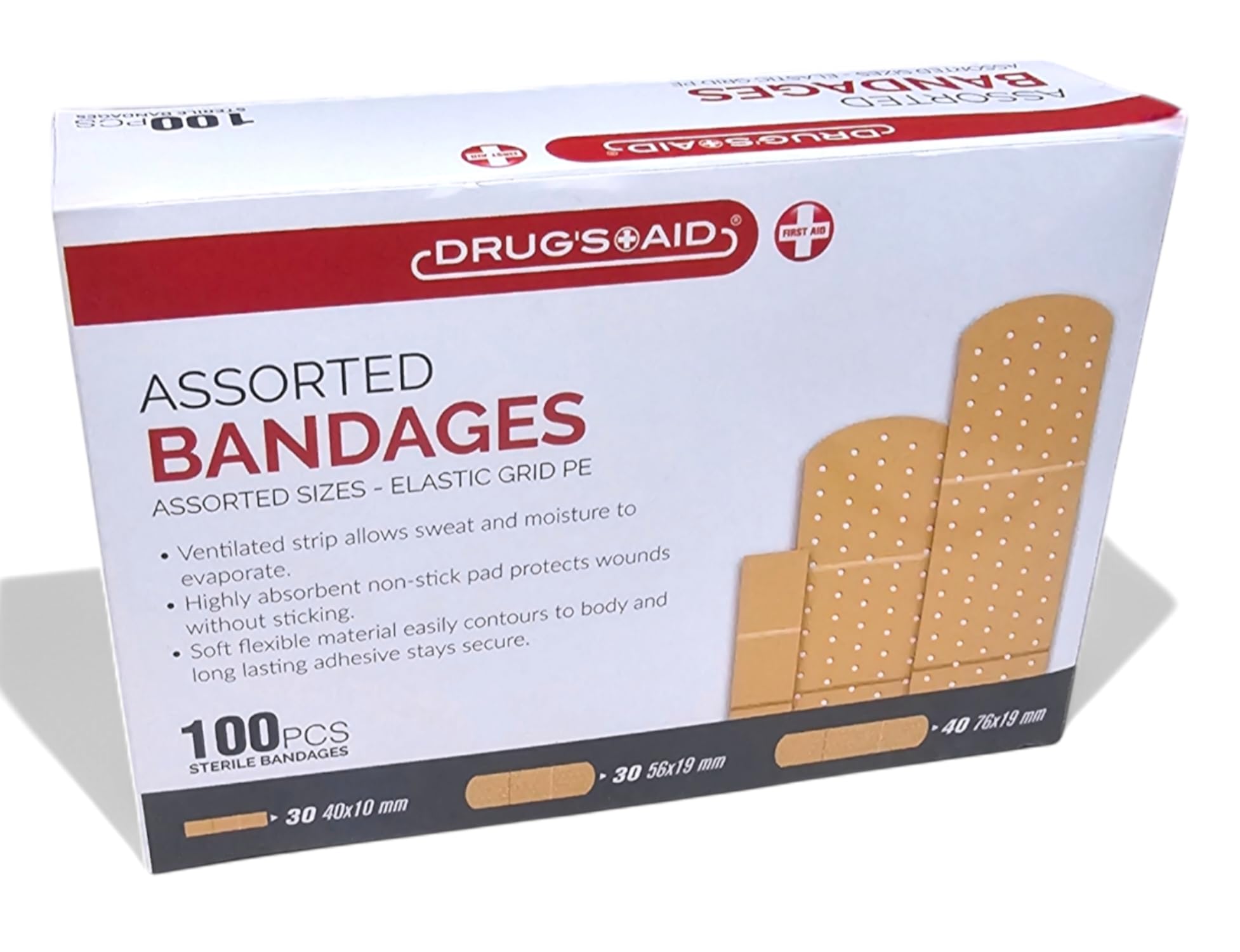 Drugs-Aid Brand Assorted Flexible Elastic Adhesive Bandages for Wound Care & First Aid, Assorted Sizes, 100 ct