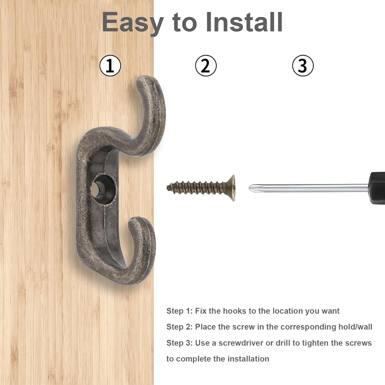 Wall Mounted Double Hooks Vintage Hardware Hooks Industrial Hooks Bronze Coat Hooks Decorative for Hanging Small Towels Hat Key Bag with Screw 6Pcs (Silver, A Style) - Image 5