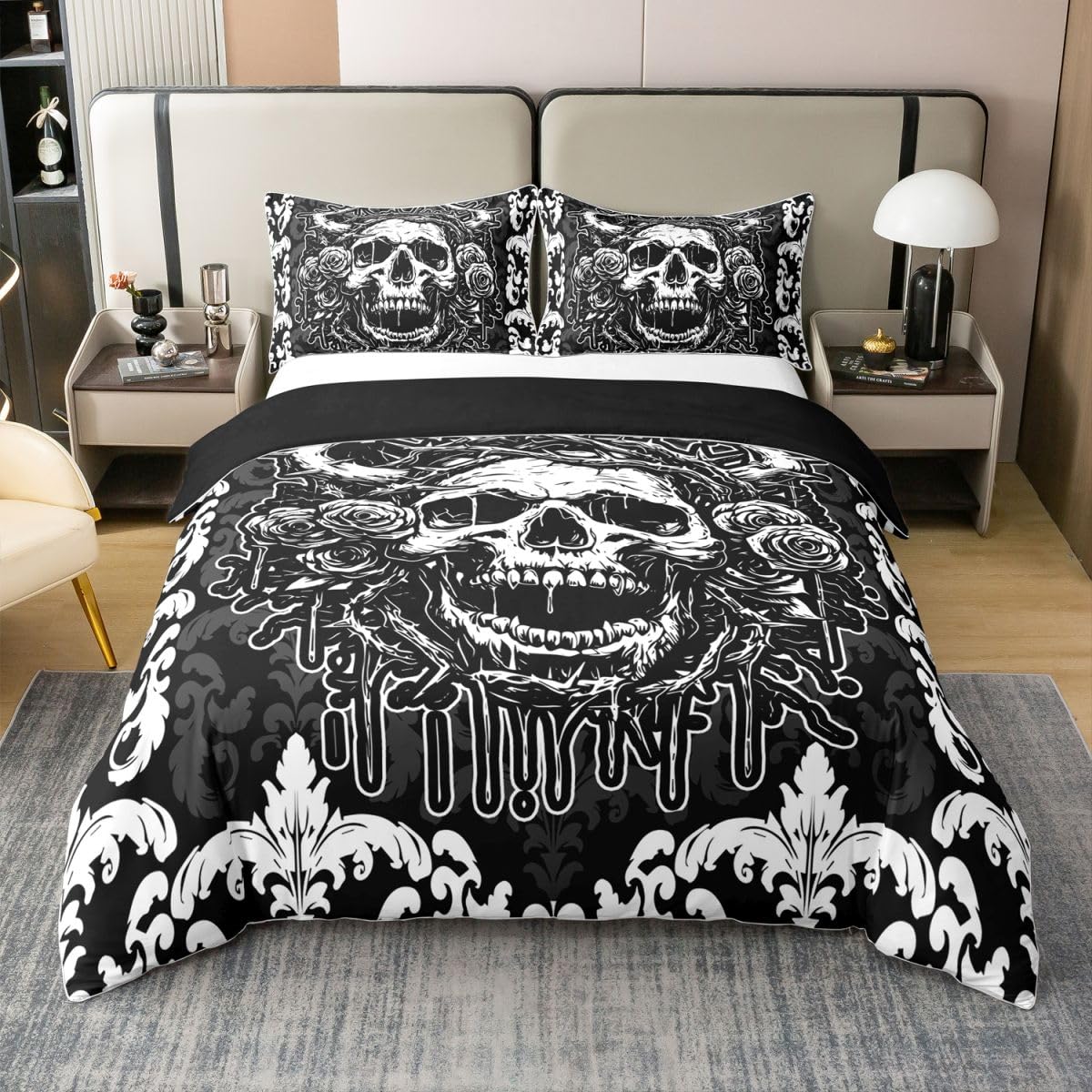 Homewish Gotycka czaszka king size poszewka na kołdrę straszne Halloween gotycka bawełna zestaw pościeli egzotyczny adamaszek kwiatowy poszewka na kołdrę bohema wiktoriańskie zestawy łóżek