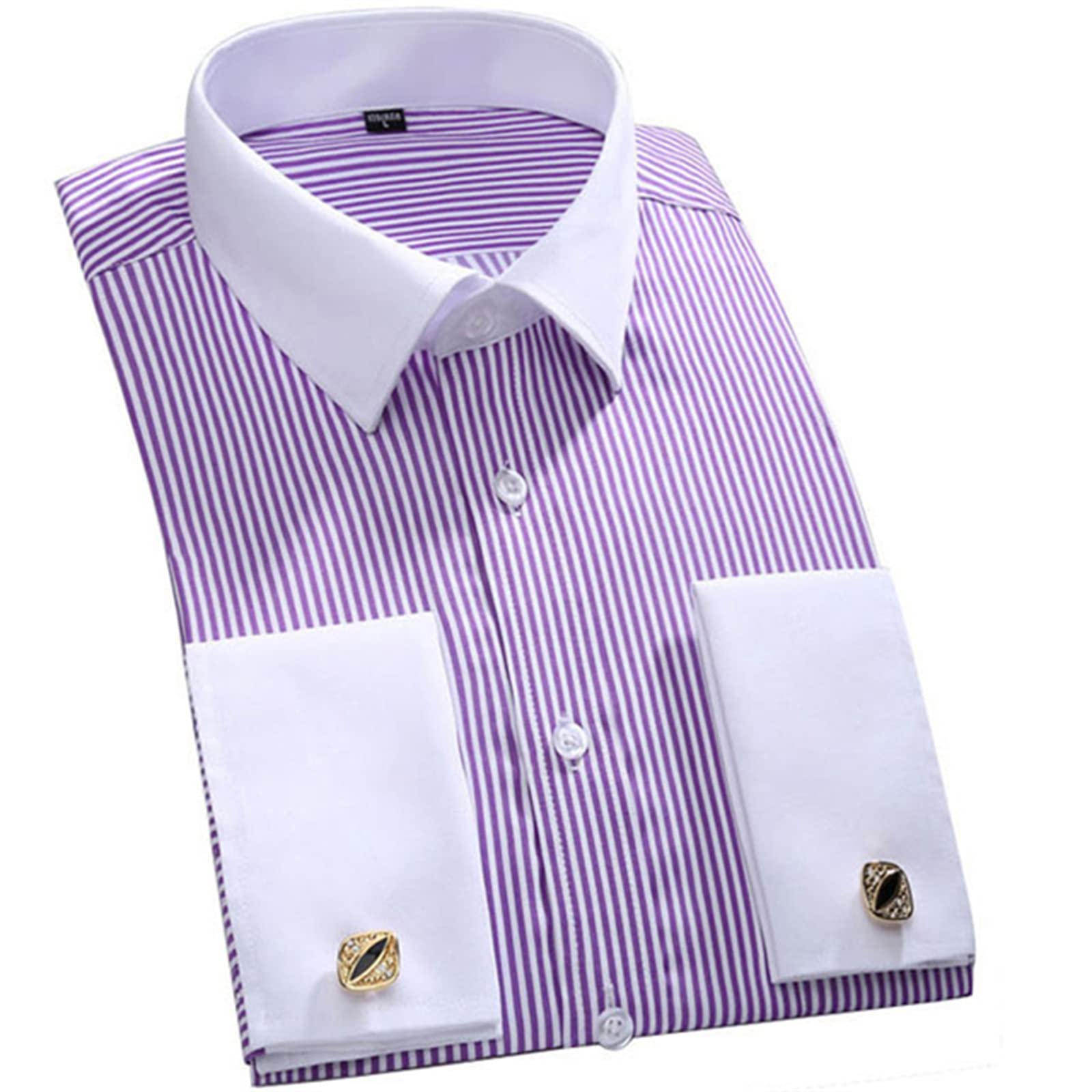 MAOAEAD Camisa de manga larga para hombre, con puños franceses, camisa de vestir a rayas, bolsillo de parche único, camisas de negocios de ajuste estándar