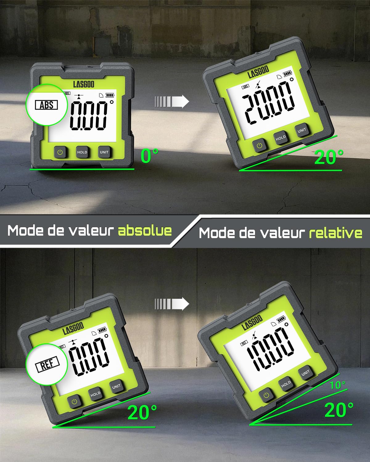 LASGOO Mesureur d'angle numérique, Inclinomètre magnétique rechargeable avec écran LCD, 4 unités de mesure pour la menuiserie, le bâtiment, la maçonnerie et l'automobile