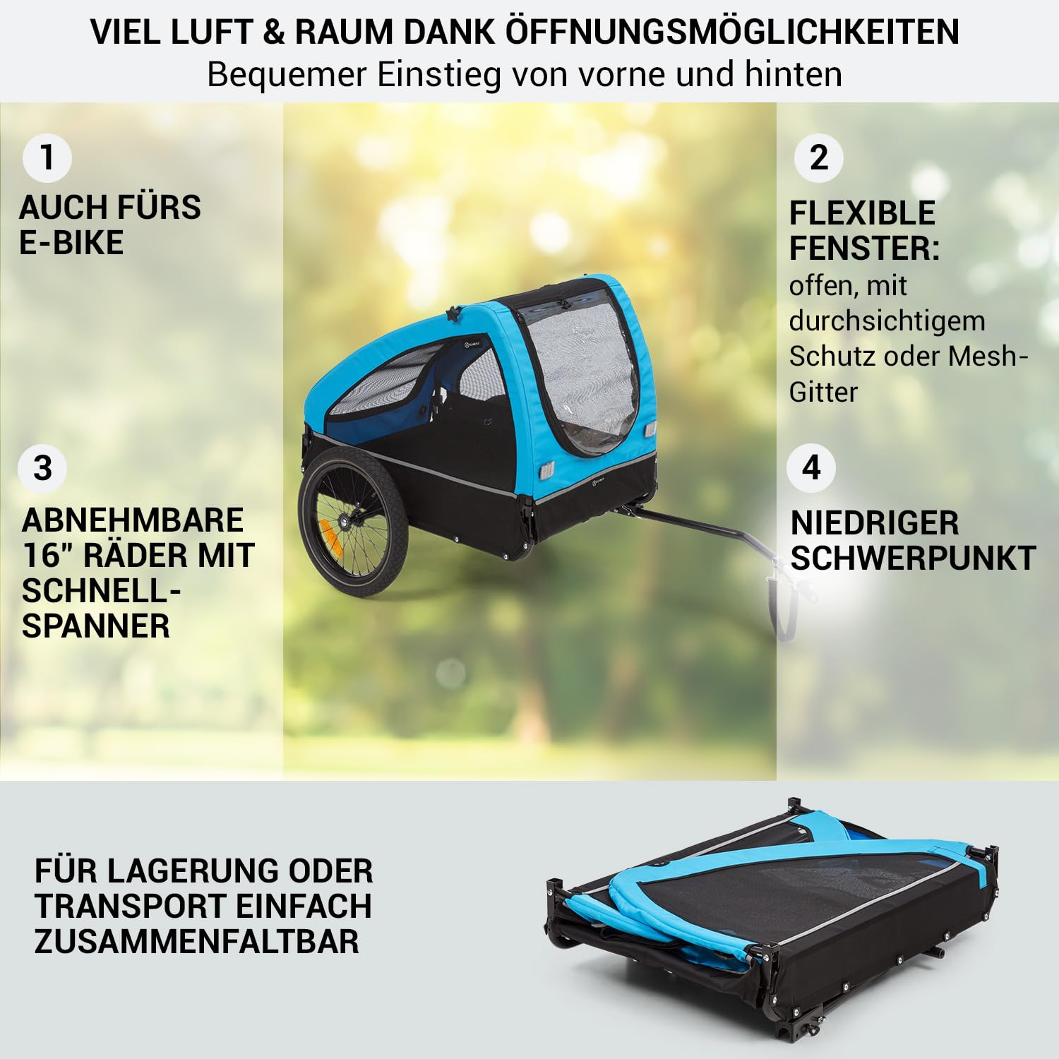 Klarfit Husky City Fahrradanhänger, Fahrrad Anhänger für Hunde, Hundefahrradanhänger mit Reflektoren & Lleine, Hundebuggy, Fahrradanhänger Hunde Gefedert, Hundeanhänger für Fahrrad