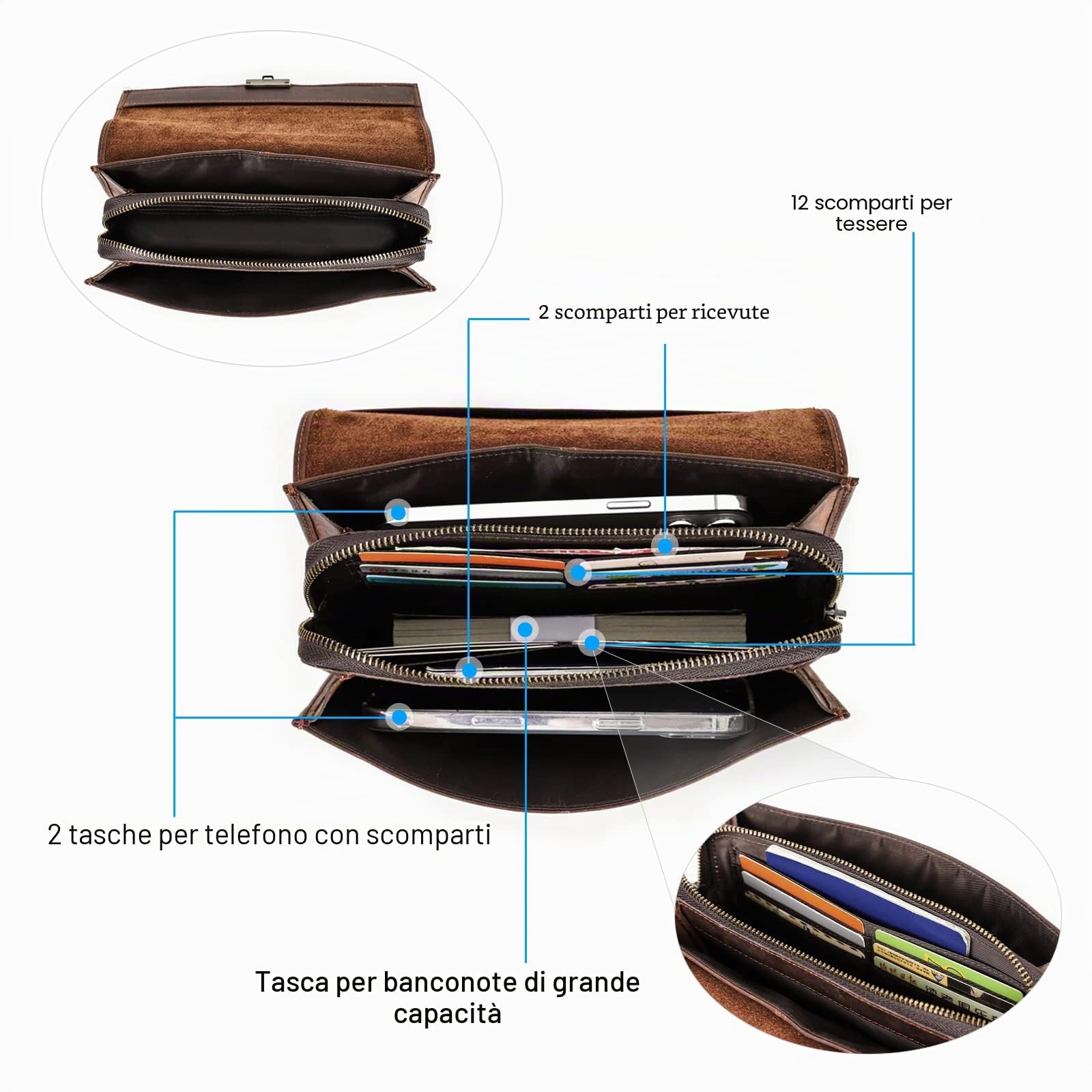 Pochette porta carte d'identità in vera pelle per uomo, portafoglio di grande capacità con serratura a combinazione antifurto