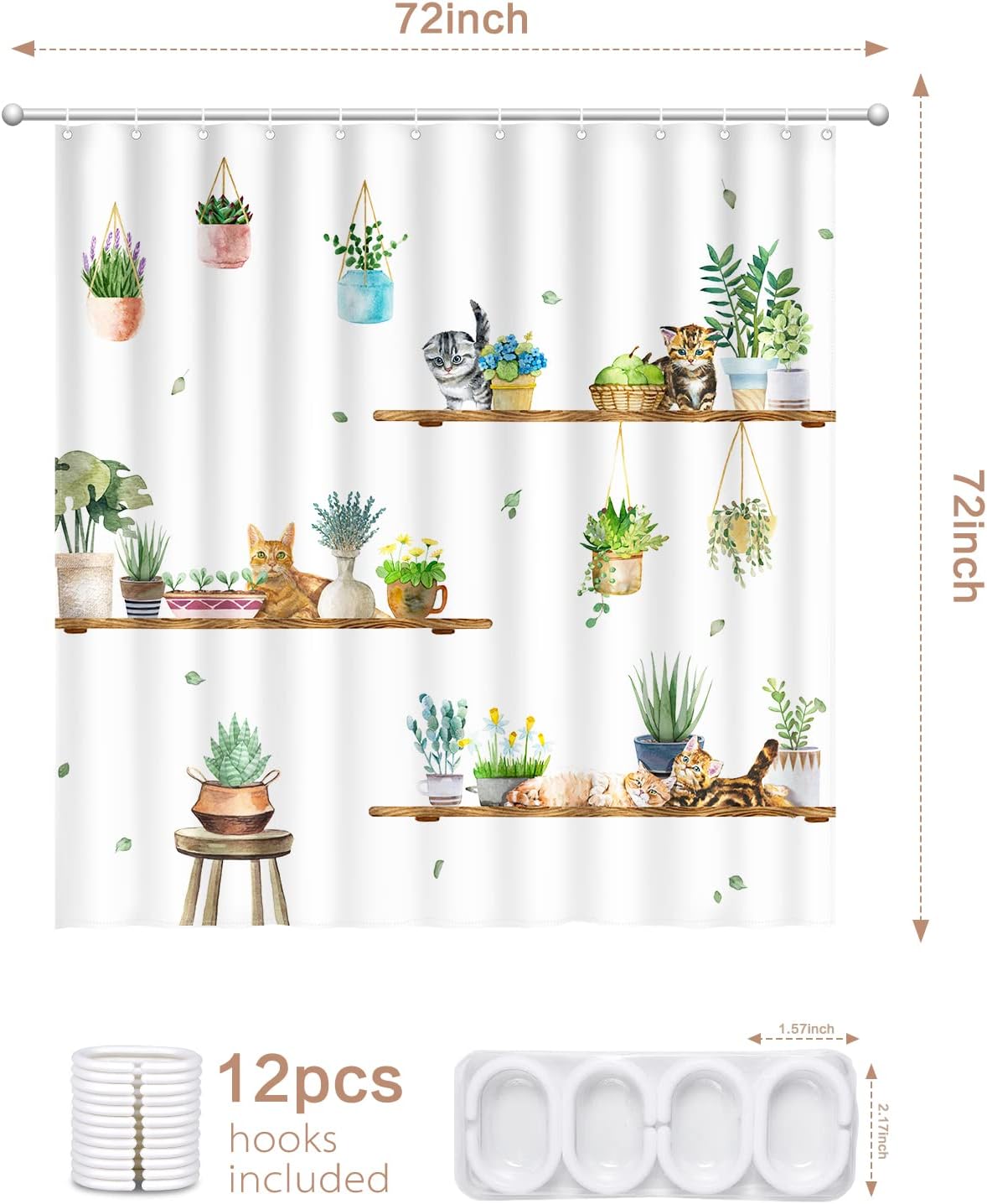 CutebriCase Hanging Potted Plants Cat Shower Curtain, Bracket Plant Kitty Shower Curtain for Bathroom with 12 Hooks, Polyester Fabric Waterproof Shower Curtain Sets Machine Washable Bath Curtain