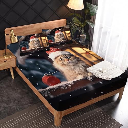Miniatura 3 de zcsm Cat Sheets Queen Size - Christmas Bedding Sheets & Pillowcases - 100% Microfiber, High Thread Count Print, Flat Sheet & Deep Pocket Fitted