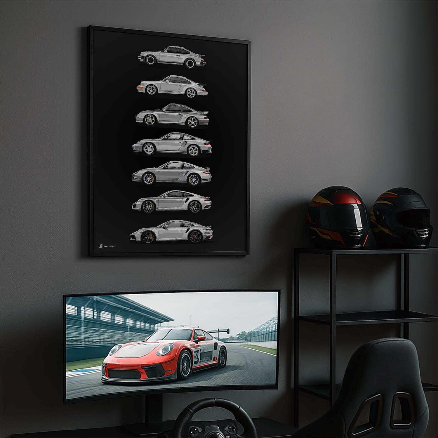 Cartistry Auto Poster 911 Turbo Generationen, 40x30cm, Holzrahmen Schwarz | Geschenk für Männer, Geschenk für Autoliebhaber