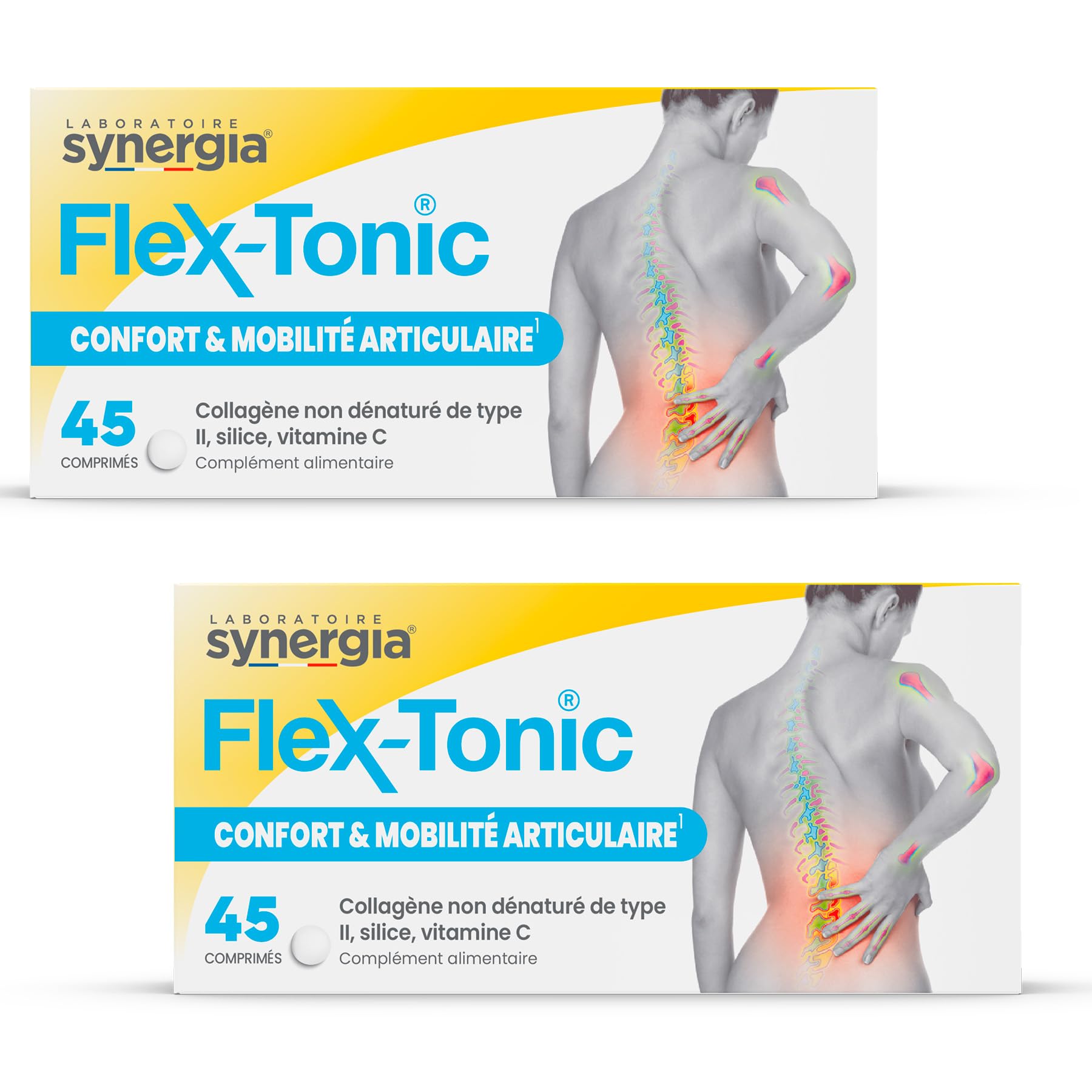 FLEX-TONIC Lot de 2X45 Comprimés| Confort Articulaire | Améliore le Confort et la Mobilité des Articulations | Collagène de Type II | Silice et Vitamine C | LABORATOIRE SYNERGIA