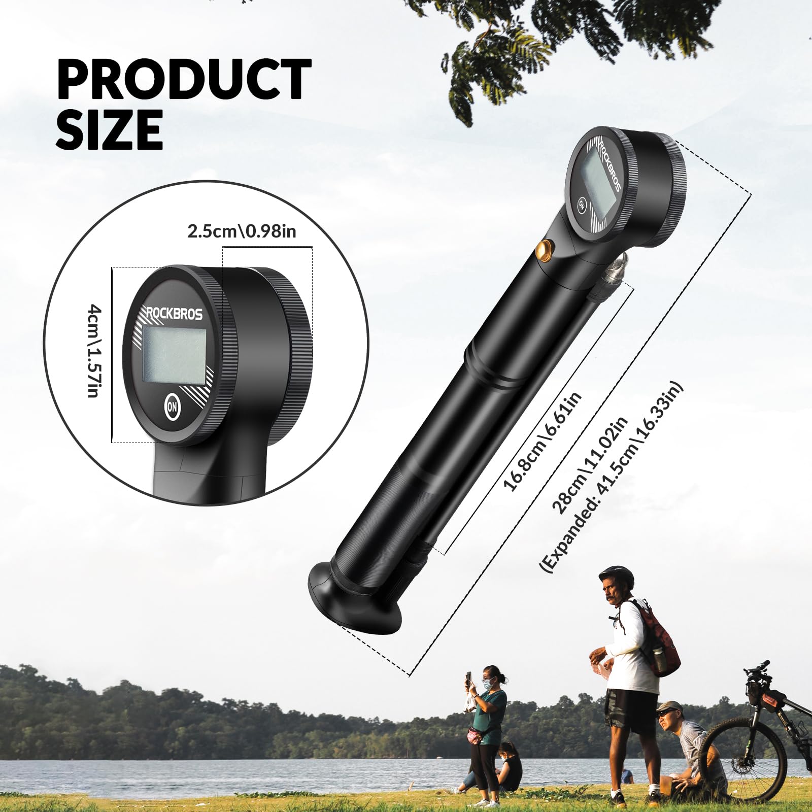 ROCKBROS Pompka Rowerowa na Ramę Mini Pompa Rowerowa do Ramy Max. 320PSI Presta&Schrader Regulowane Ciśnienie Przenośna Pompka Dwusuwowa z Wskaźnikiem Ciśnienia do Roweru MTB, BMX, Szosowego