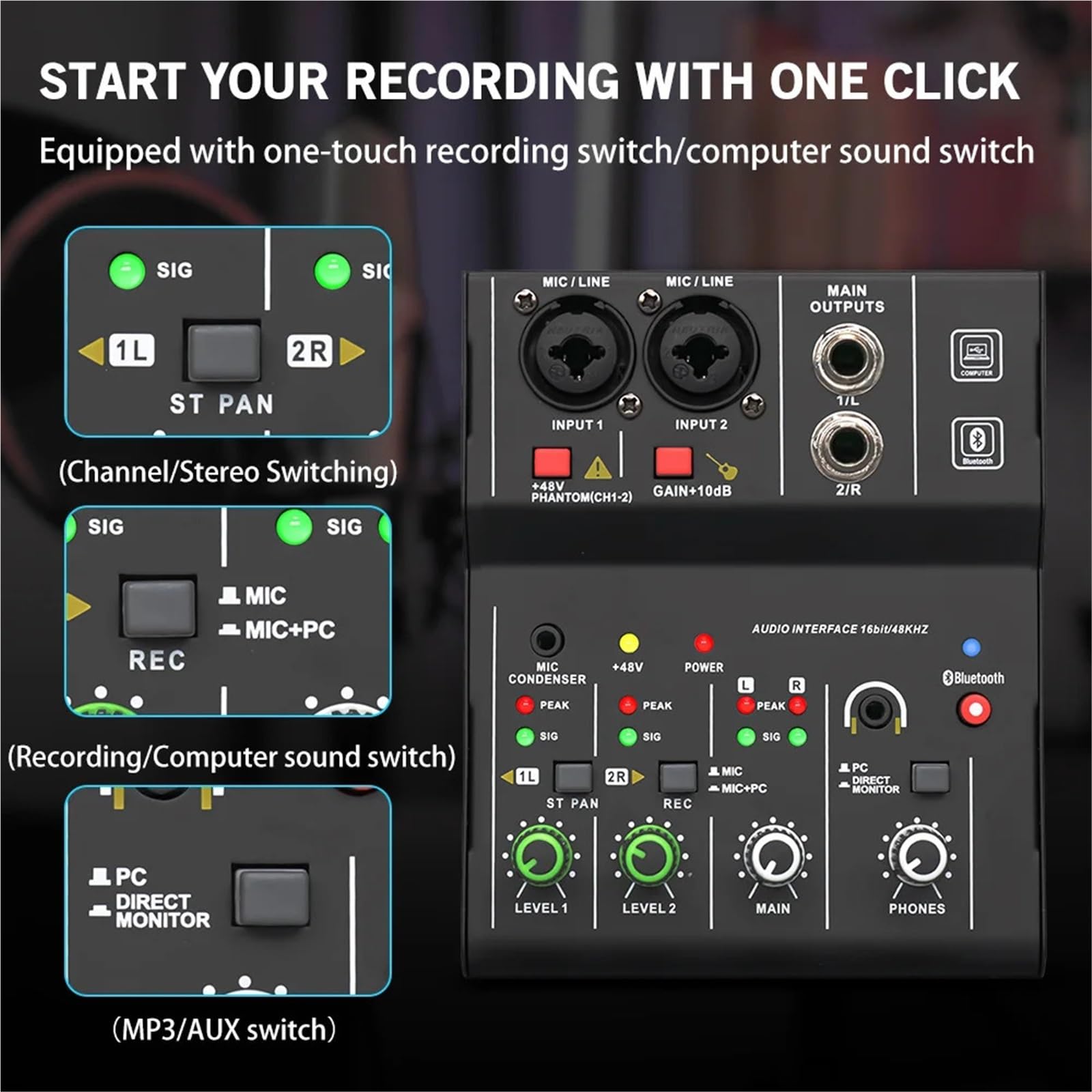 Interfaccia mixer professionale a 2 canali, scheda, console mini USB, di registrazione for DJ, studio, chitarra