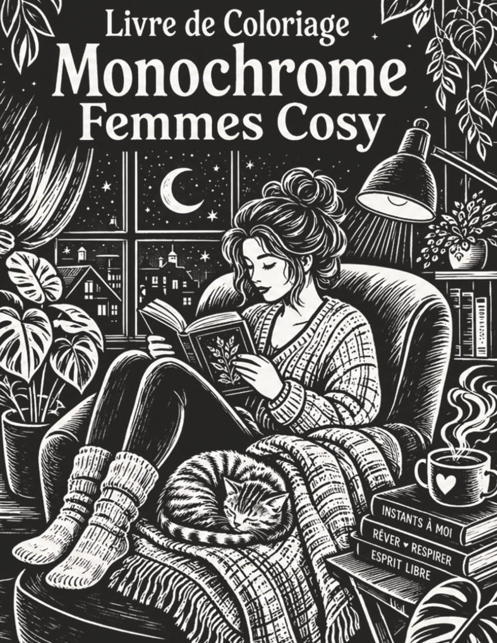 Livre de Coloriage Monochrome Femmes Cosy: Activité Créative avec 50 Dessins de Routines Douces, Soin de Soi, Journal, Cuisine, Plantes, Fleurs et Pauses Relaxantes