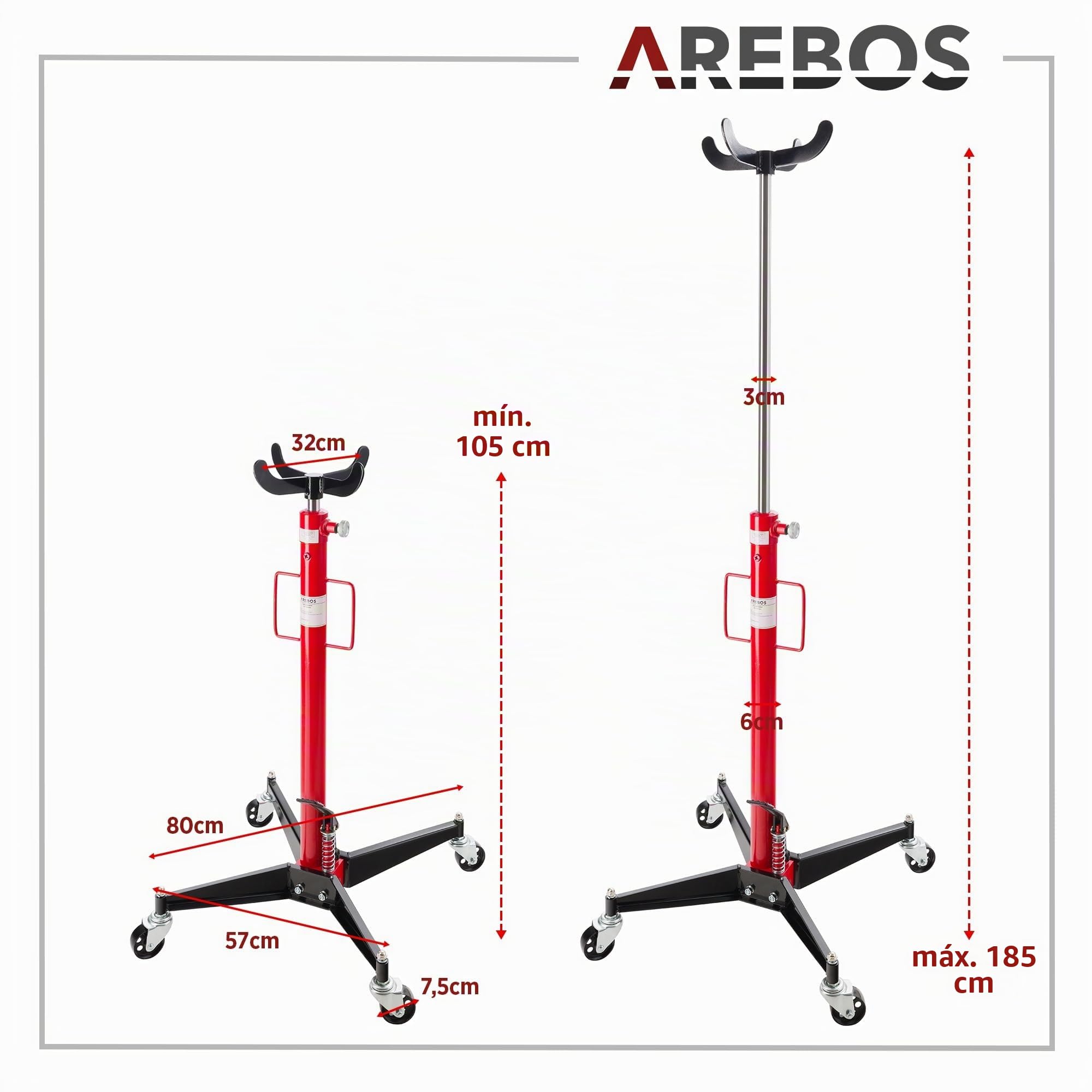 Arebos Elevador hidráulico | Elevador de Motor de 500 kg | Altura de Trabajo 105-185 cm | 4 Ruedas giratorias con Pedal Incluido | Regulable sin escalonamientos | Hidráulico | Rojo/Negro