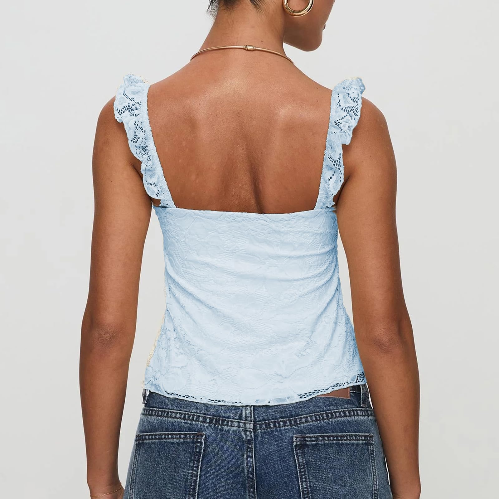 Meihuida Women's Lace Babydoll Cap Sleeve Tank Top: Floral Blue Medium