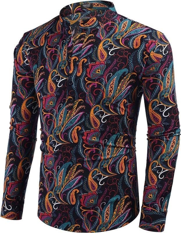 Image of Men's Cotton Blend Full Sleeve Printed Short Kurta with Mandarin Collar Crafted from a Premium Cotton Blend