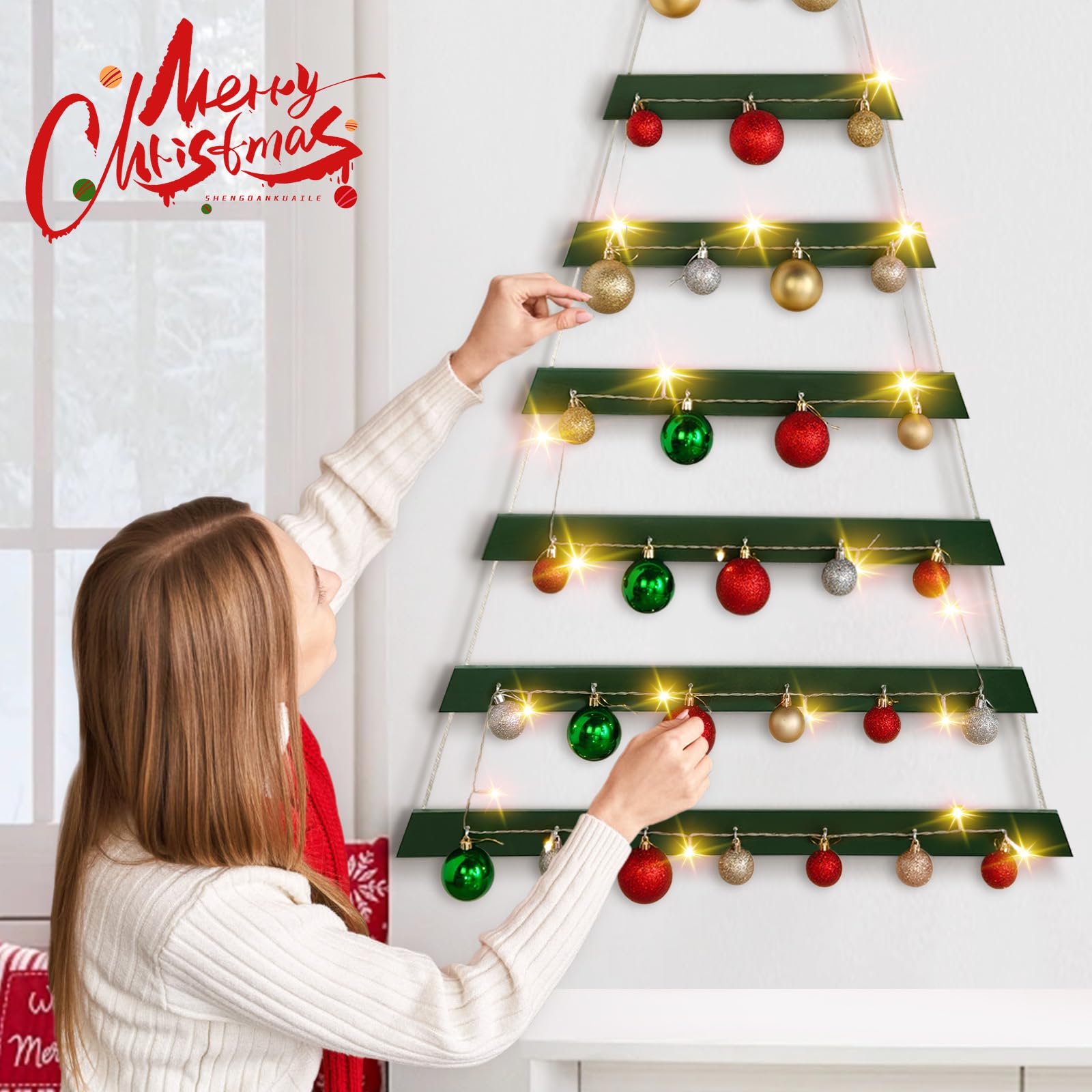 VAIPI Sapin de Noël à suspendre au mur de 152,4 cm avec décoration murale éclairée en bois vert à suspendre à plat pour les vacances, 152,4 x 76,2 cm