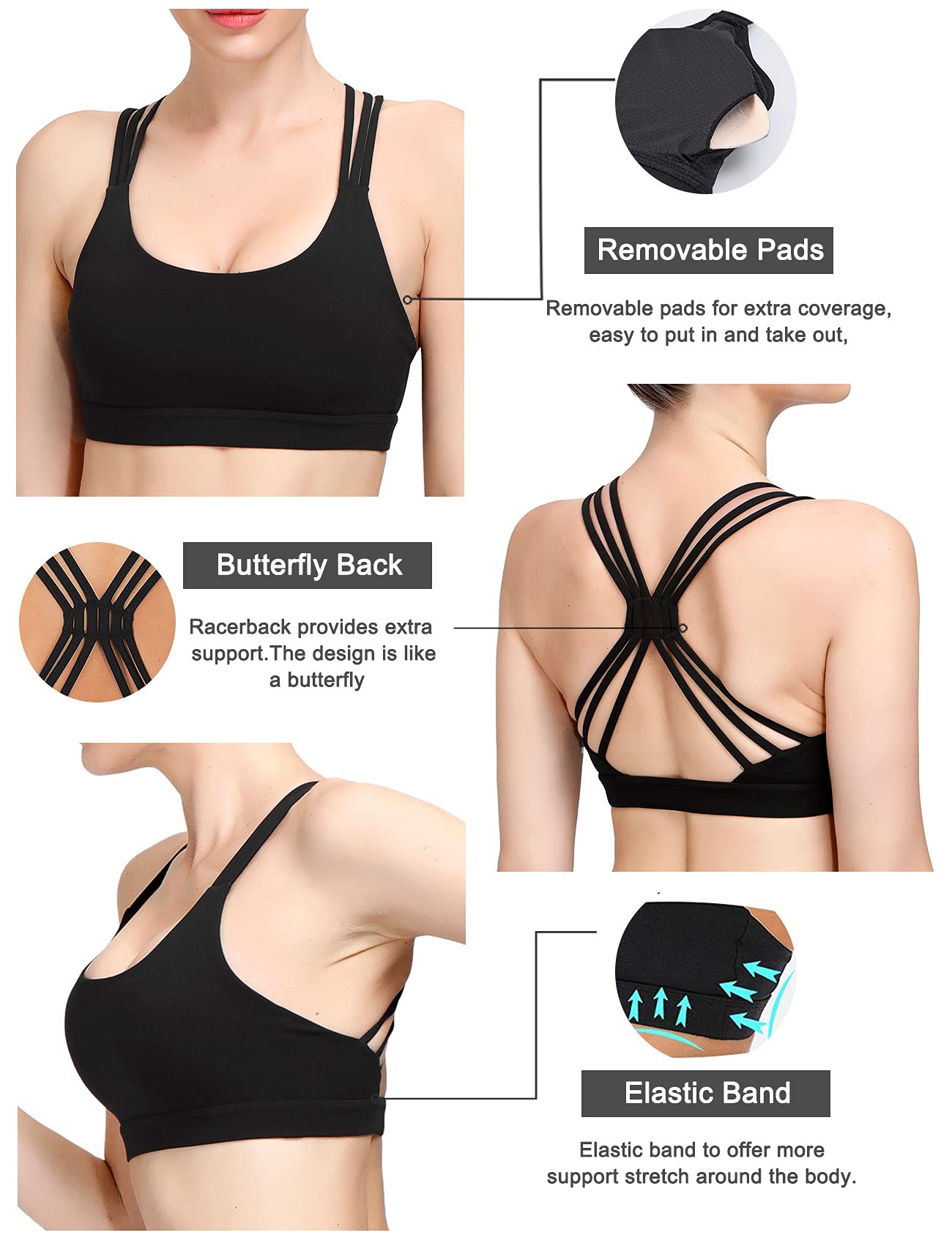 MotoRun Strappy Sport-BHs Criss Cross BH Sexy Rücken Push Up Yoga Gepolstert Bralette für Damen