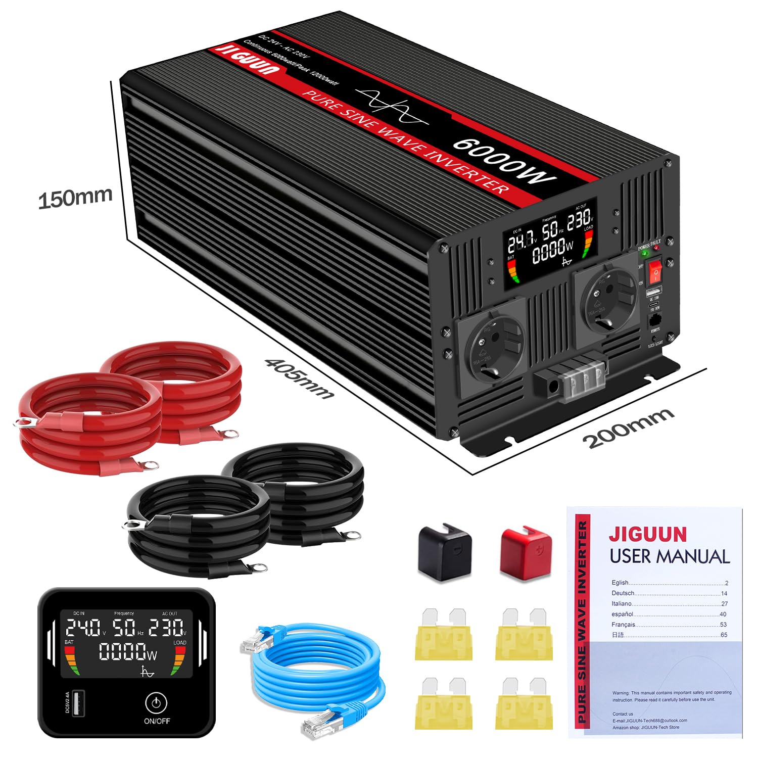 JIGUUN 6000W inwerter sinusoidalny 24V na 230 V z bezprzewodowym pilotem zdalnego sterowania Wyświetlacz LCD 2 gniazdko UE i 1 port USB do samochodu, na kemping, w podróży, w nagłych