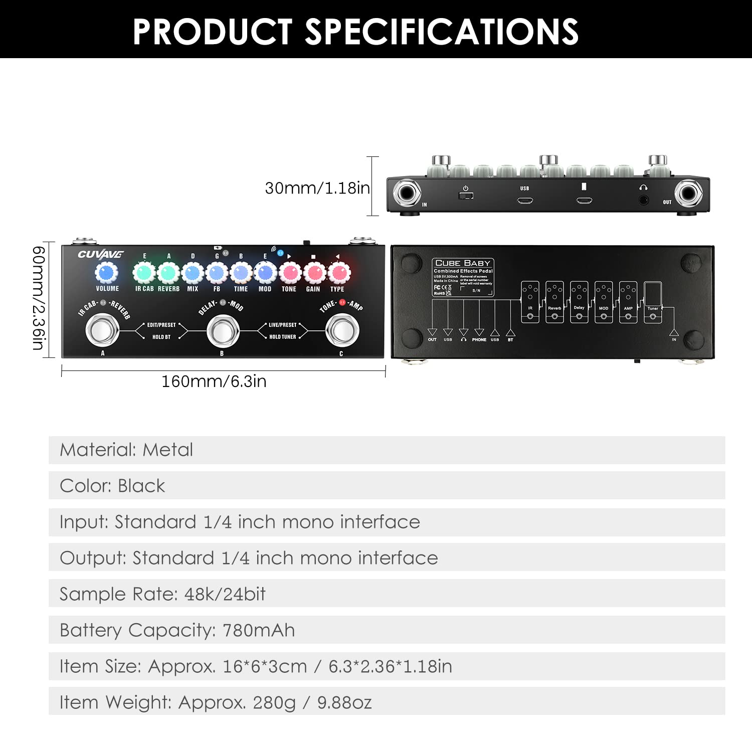 Pedal Multiefectos Guitarra Electrica,Sunydog Pedales de Guitarra Eléctrica Multi Modulation con Reproducción de Música Inalámbrica Función de Interfaz de Audio de Grabación de Teléfono
