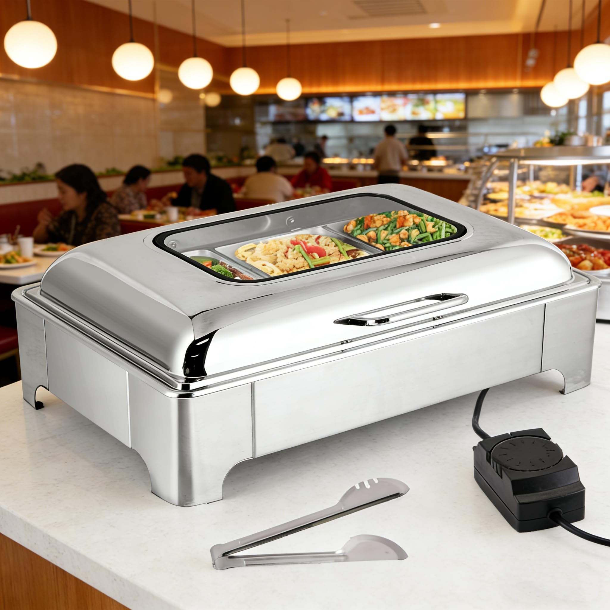 Calentador de alimentos Buffet Servidores y calentadores de 3 cacerolas Calentador de alimentos de 9,5 cuartos de galón para fiestas Buffet Juego de platos de chafing con temperatura ajustable