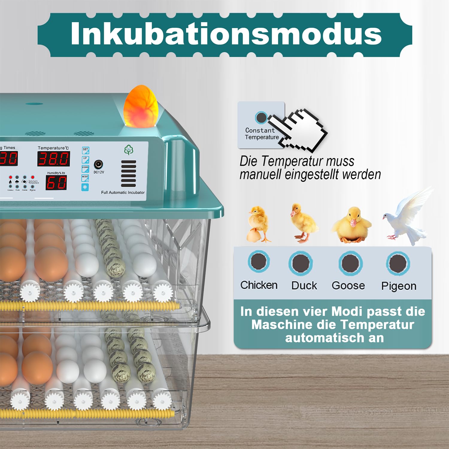 CoInceptus Brutautomat Vollautomatisch Inkubator mit 120 Eier, Brutkasten für Hühner & Wachteln automatischem Wenden, Feuchtigkeitsanzeige und 4 Inkubationsmodus Automatisches Wasser Brutmaschine