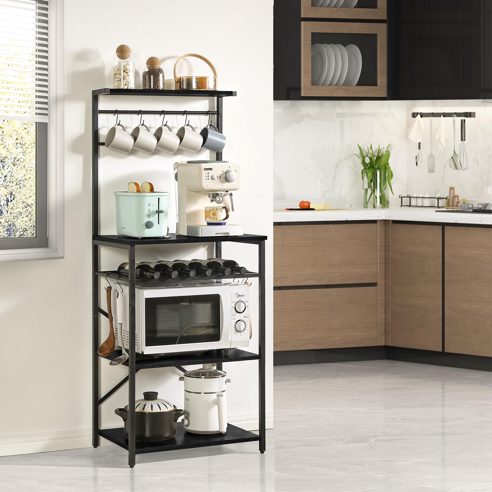 YMYNY Étagère de Cuisine, Meuble de Rangement à 4 Niveaux, Support de Micro-Ondes avec Crochets en S,Etagères de Stockage, Cadre en Métal, Style Industriel, 59 x 40 x 143 CM, Noir HBR001B