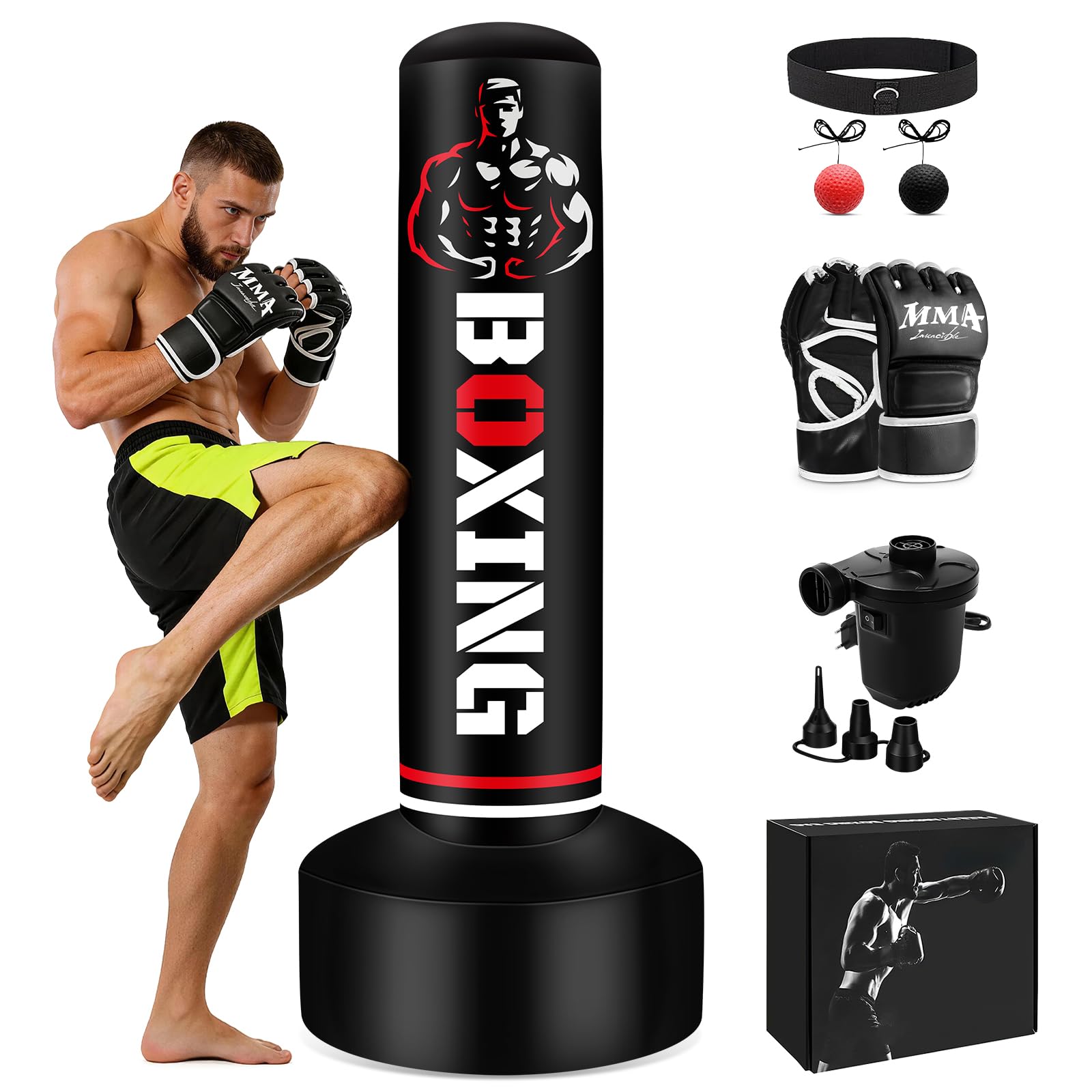 Boxsack Stehend Erwachsene 180cm mit Boxhandschuhen und Pumpe, Standboxsack für Training MMA Kickboxen