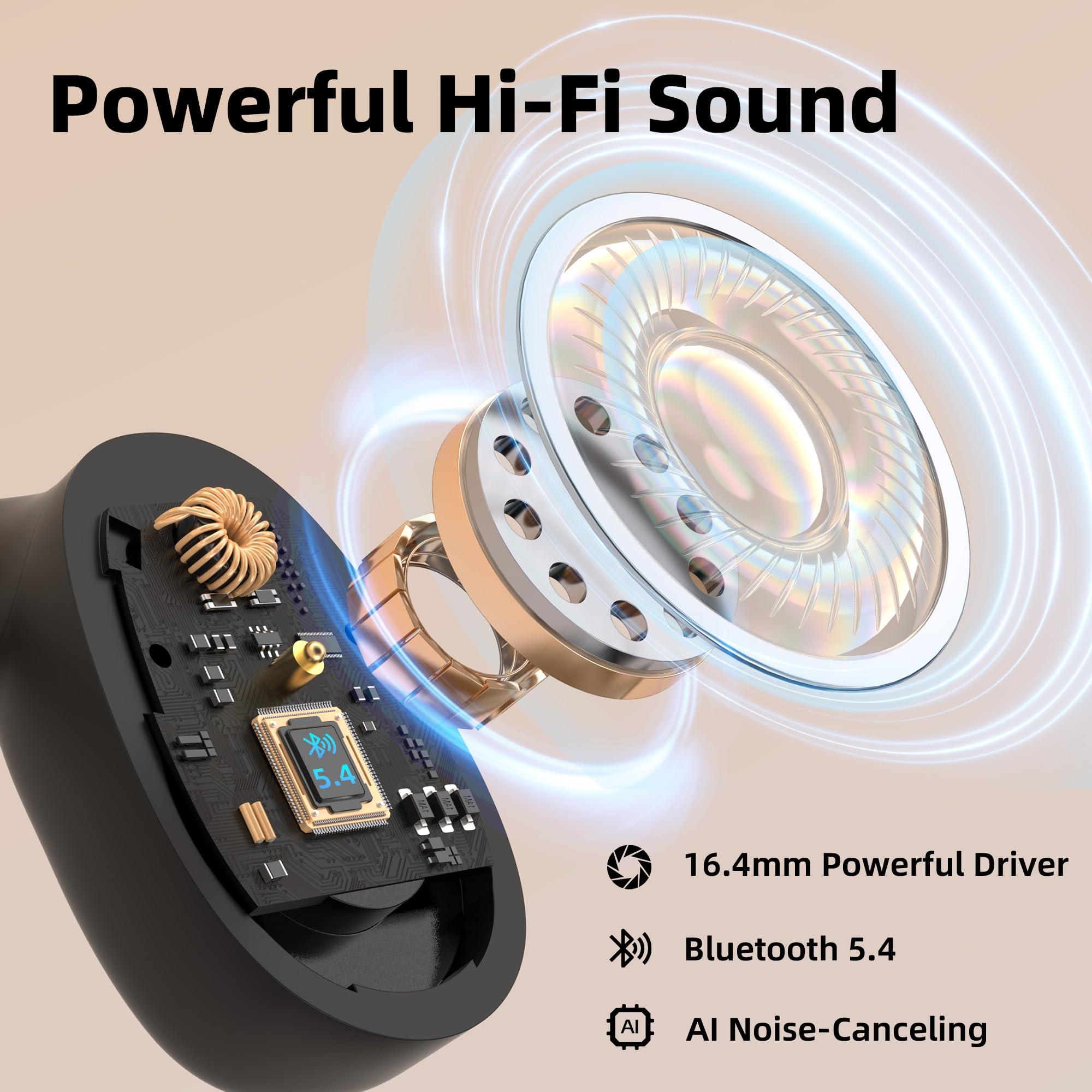 Oraolo Open Ear Headphones, Bluetooth 5.4 Wireless Earbuds with 16.2mm Large Driver, Open Ear Earbuds with AI Noise-Canceling, 32H Playtime, Water-Resistant Running Headphones for Outdoor Workout — view 2