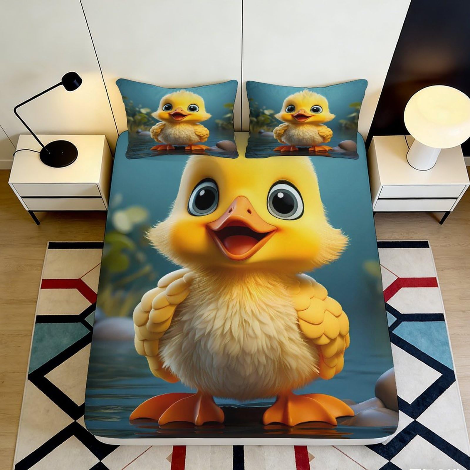 3D Printed Cute Duck Fitted Sheet Microfiber Yellow Cartoon Chick Bed Cover for Bedroom Guest Room Dorm Decor 90x200x25cm