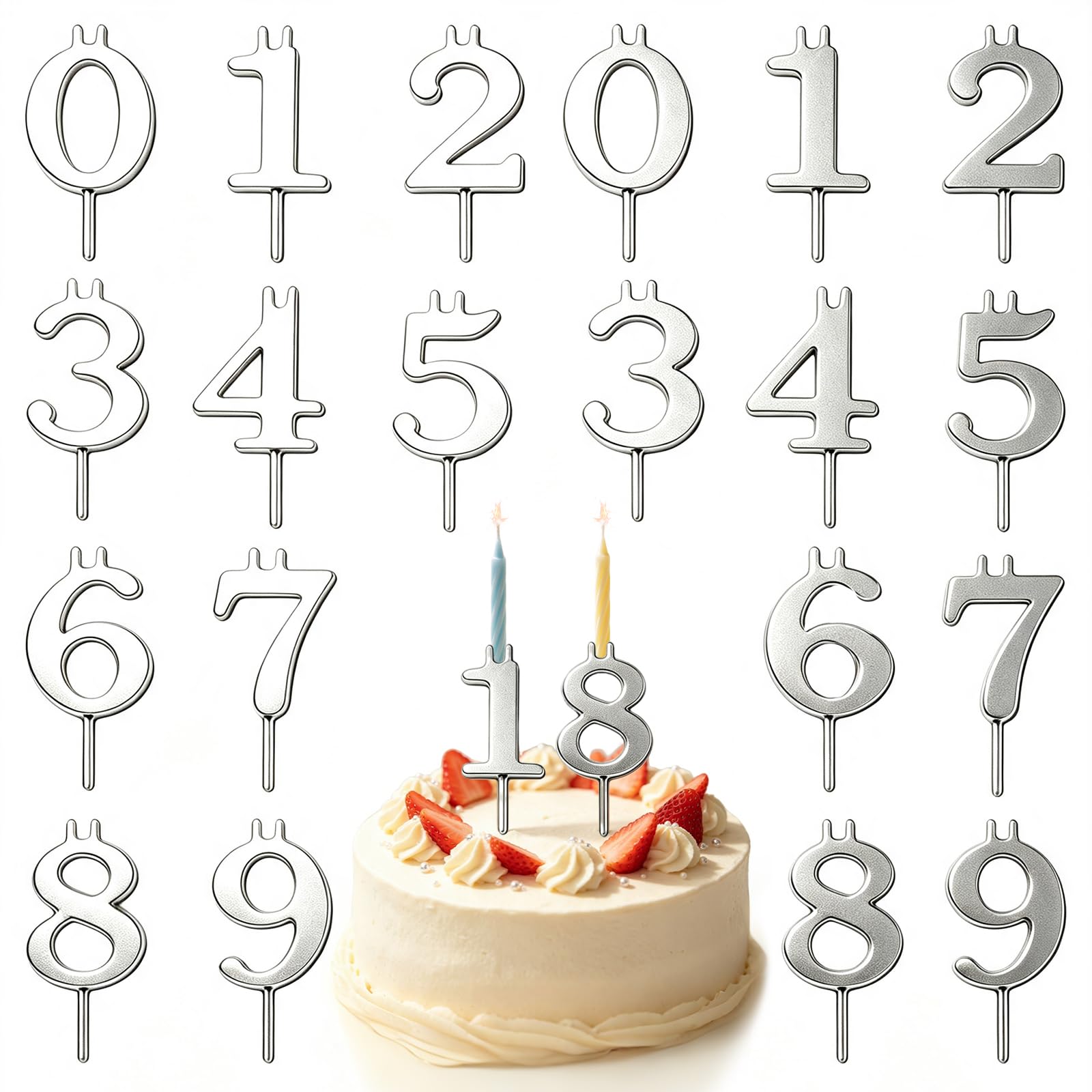 20 PCS Reusable Number Candle Holder Set, Adjustable Cake Candle Holder Stand, Heat Resistant Cake Topper Decorations for Birthday, Anniversary, Wedding Party, Silver Stainless Steel