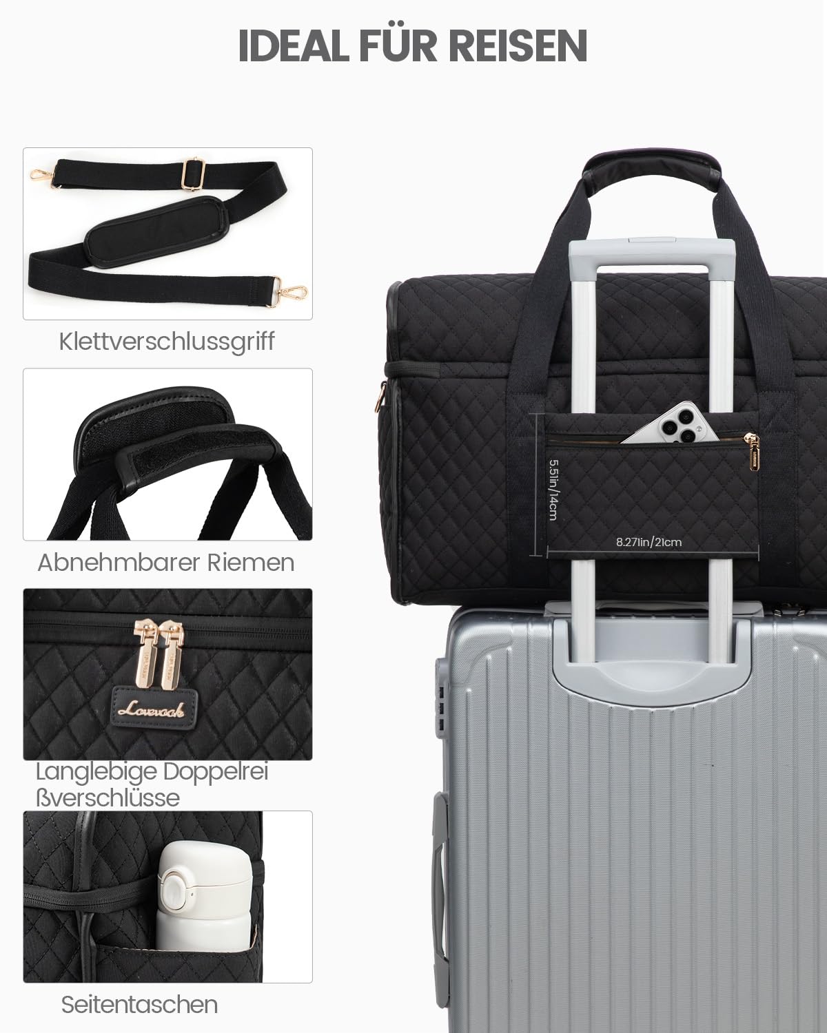 LOVEVOOK Reisetasche Damen, Große Öffnung Weekender Handgepäck Tasche Groß Travel Duffle Bag, Wasserdicht Kliniktasche Geburt Krankenhaustasche Sporttasche für Flugzeug Reise Sport Gym, Schwarz