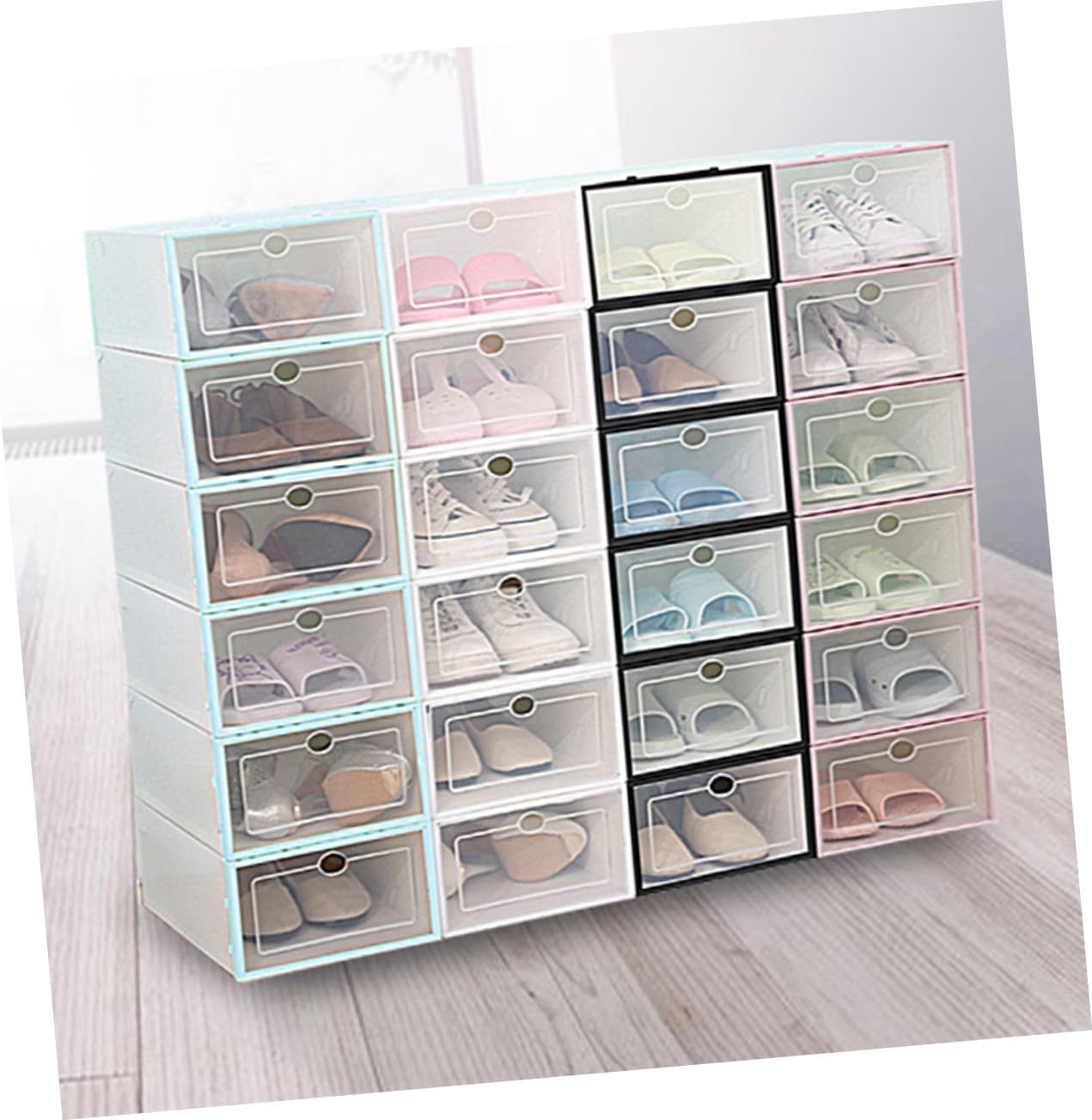 6PCS Stackable Transparent Thickened Plastic Shoes Storage Boxes for Men White Frame Space-saving Shoe Organizer for Small Closets Dorm Rooms