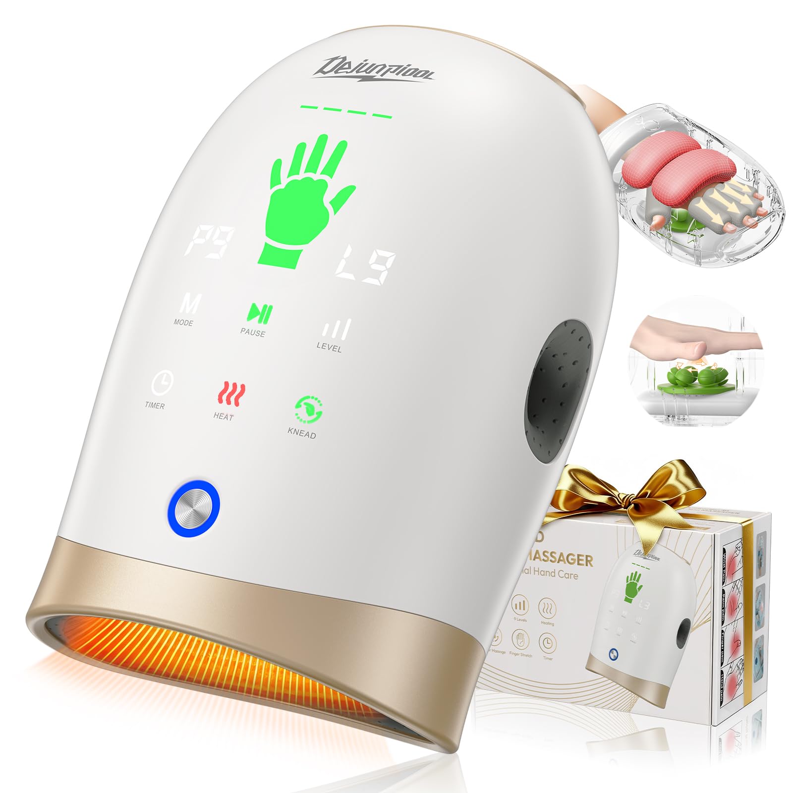 Photo 1 of DEJUNPIOOL Hand Massager with Heat and Compression, Finger Stretch & Palm Kneading, 9 Modes & 9 Intensities - Cordless Wrist Hand Massage for Typist Tired Hands Relief, Gifts for Mom Dad Women Travel